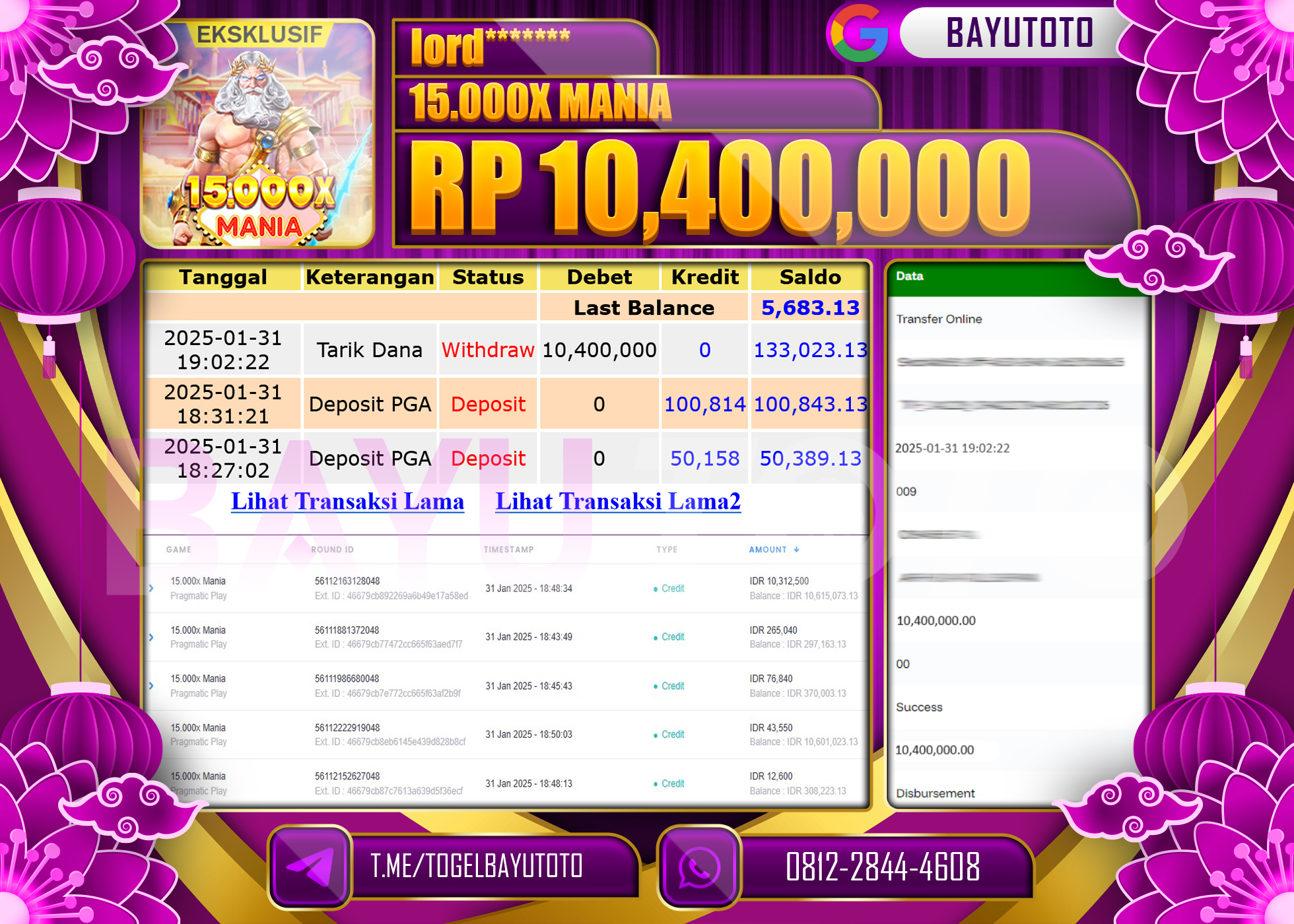 BAYUTOTO JACKPOT DI GAME SLOT 15.000X MANIA  Rp.10.400.000 LUNAS