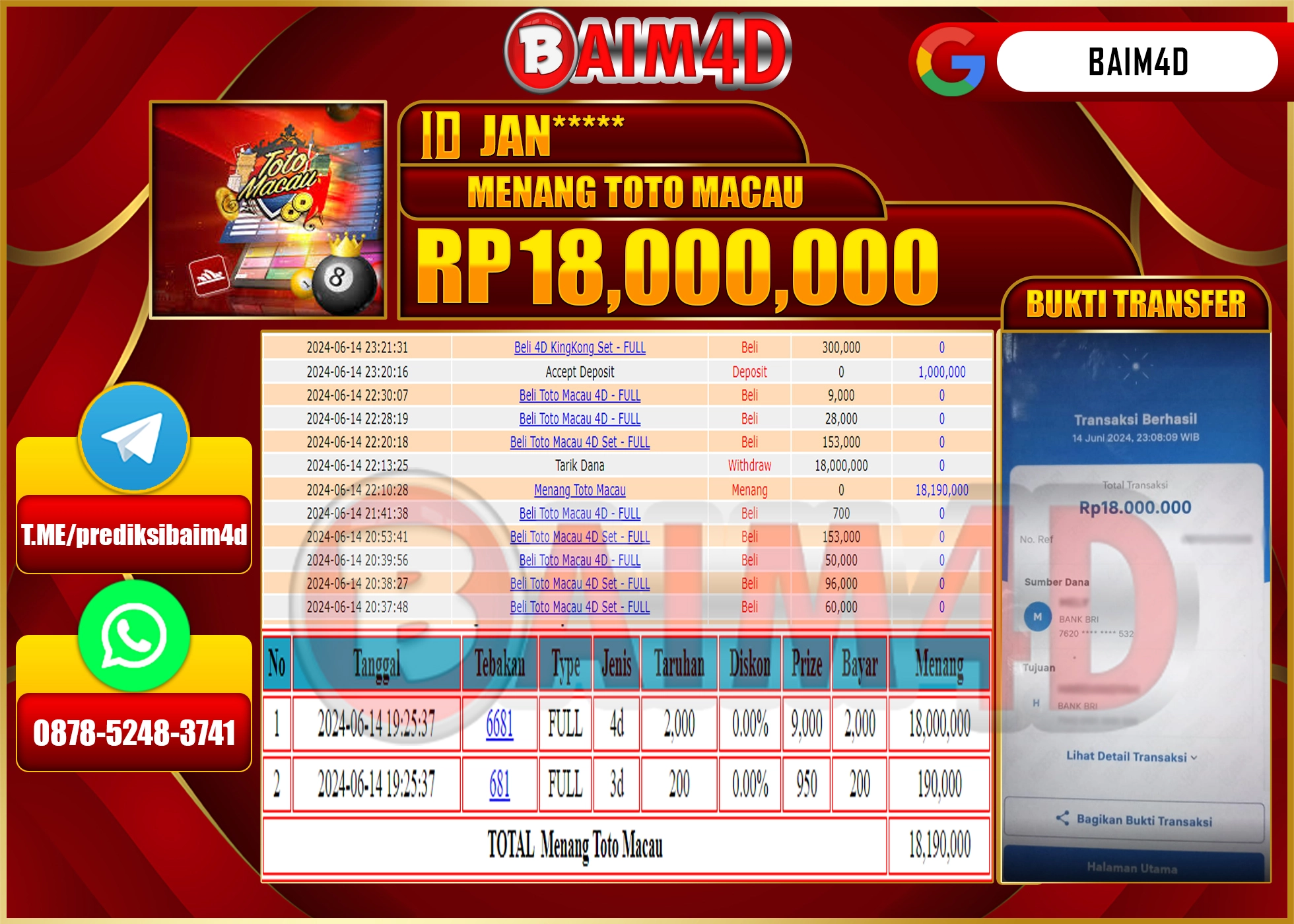 BAIM4D JACKPOT TOTO MACAU Rp.18.000.000.,- LUNAS