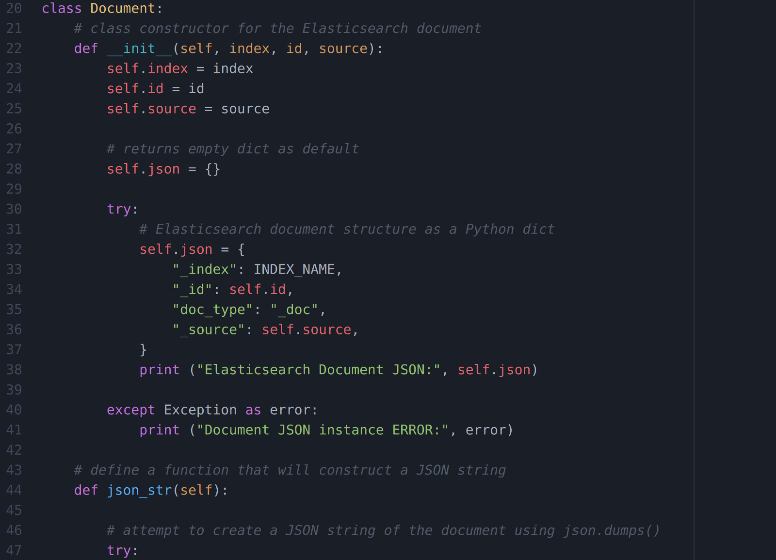 Screenshot of the Document class constructor for the Elasticsearch documents in a Python script