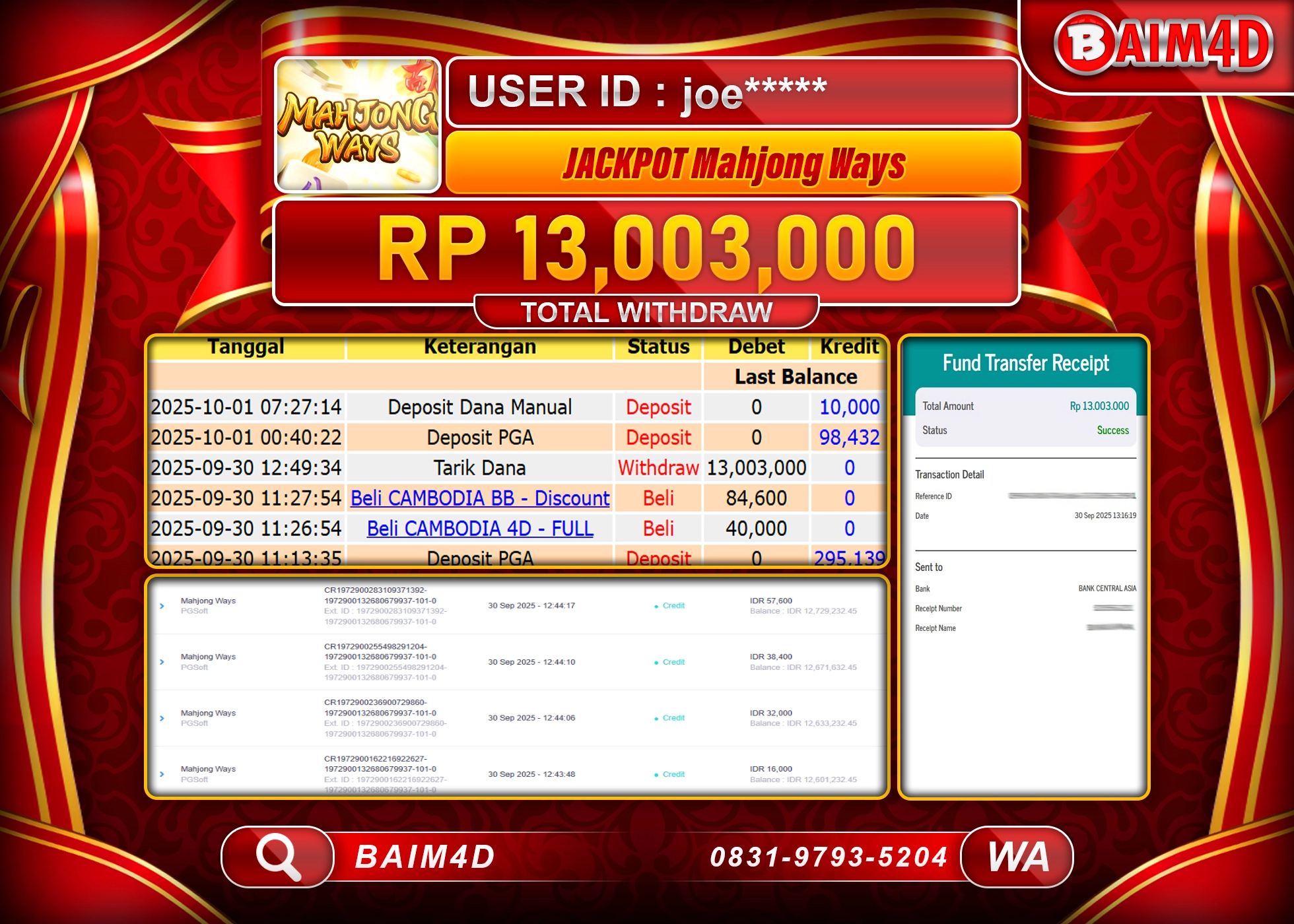 BAIM4D JACKPOT SLOT MAHJONG WAYS PG SOFT Rp.13,003,000.- LUNAS