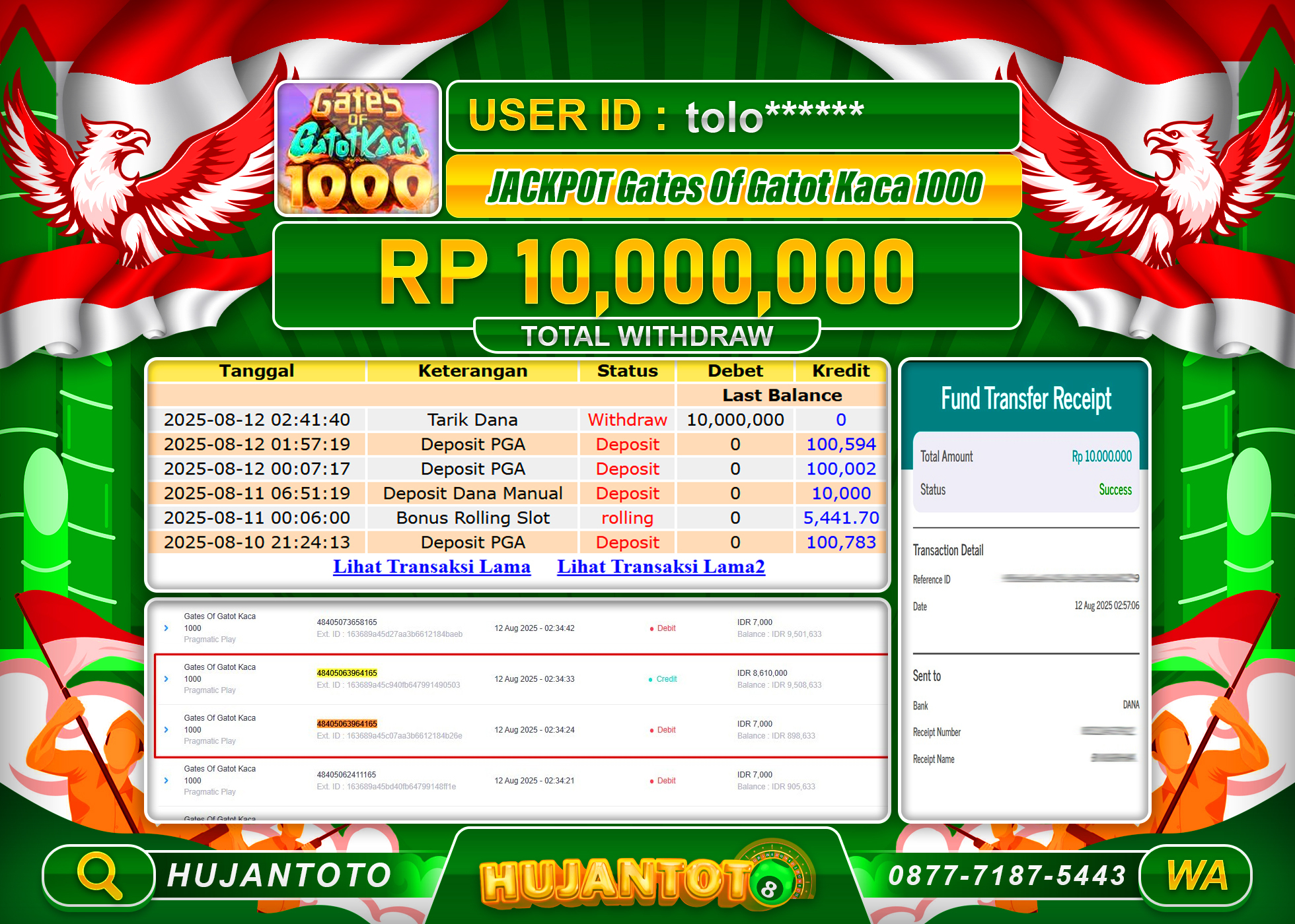 HUJANTOTO - BUKTI JACKPOT MENANG SLOT GATES OF GATOTKACA 1000 Rp.10,000,000 - TERBAYAR LUNAS