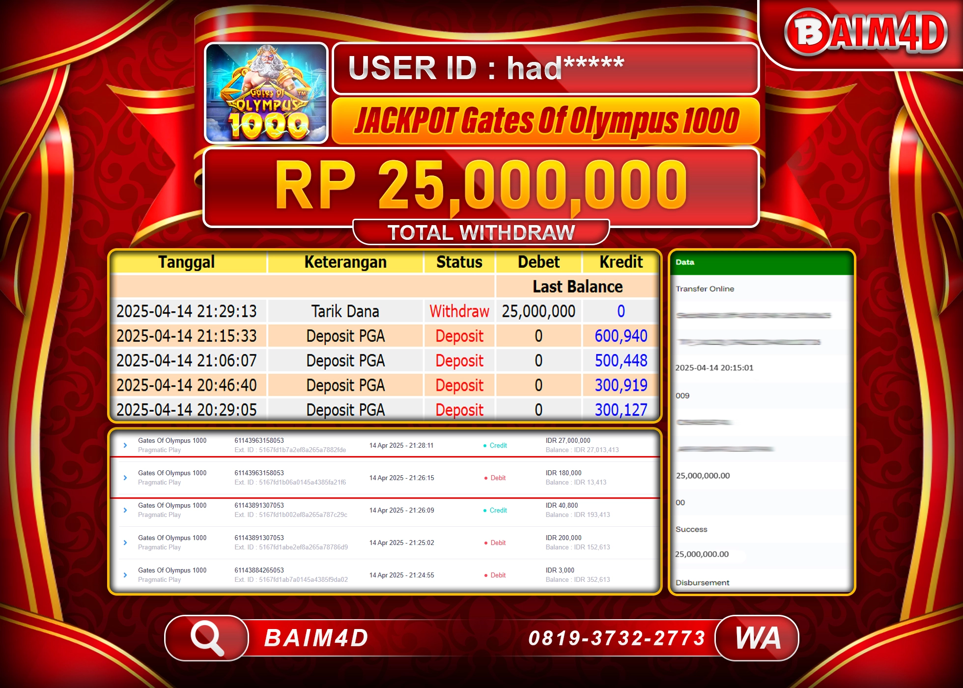 BAIM4D JACKPOT GATES  OF OLYMPUS 1000 Rp.25.000,000.- LUNAS