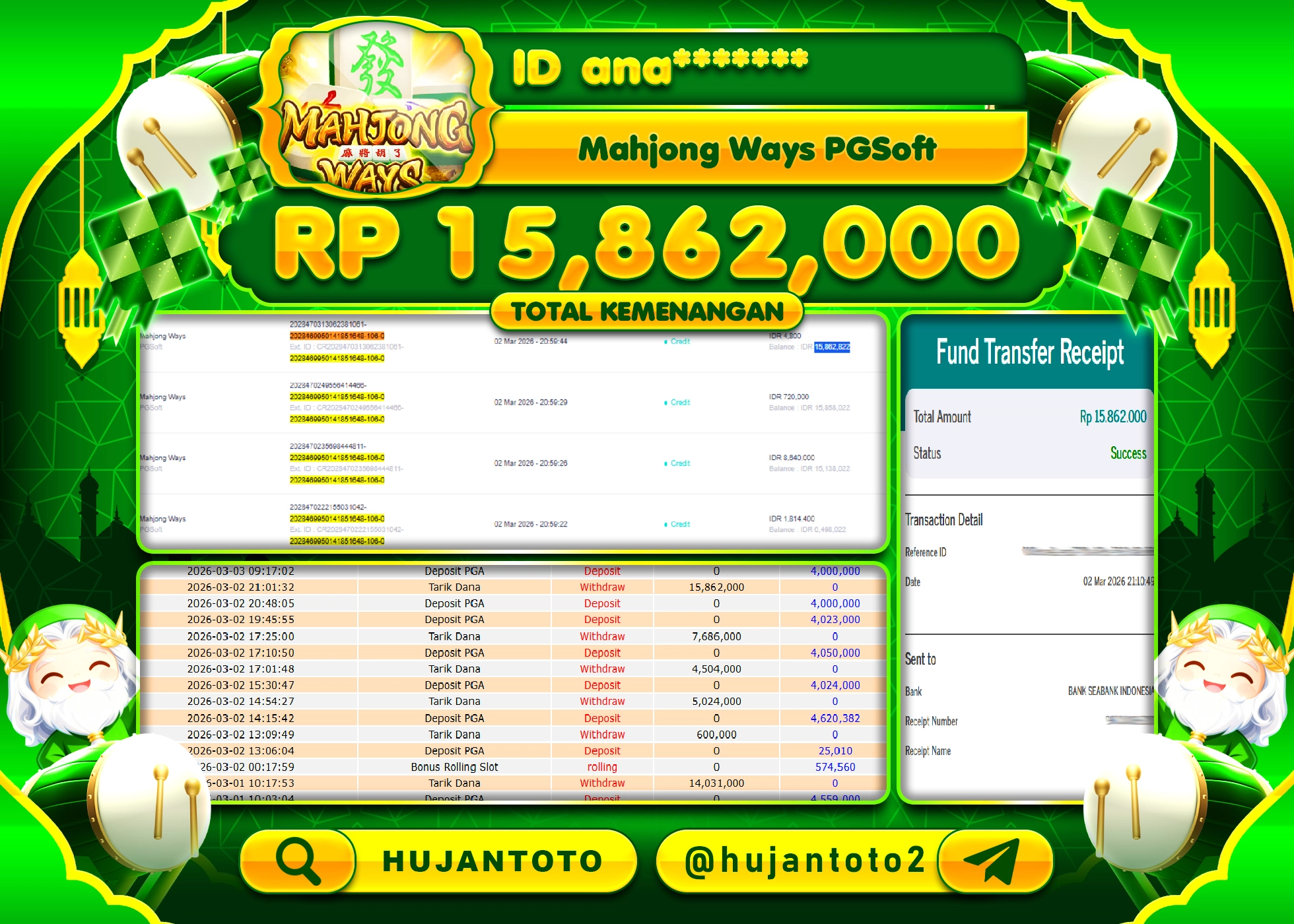 HUJANTOTO - BUKTI JACKPOT MENANG SLOT MAHJONG WAYS   Rp.15,862,000 - TERBAYAR LUNAS