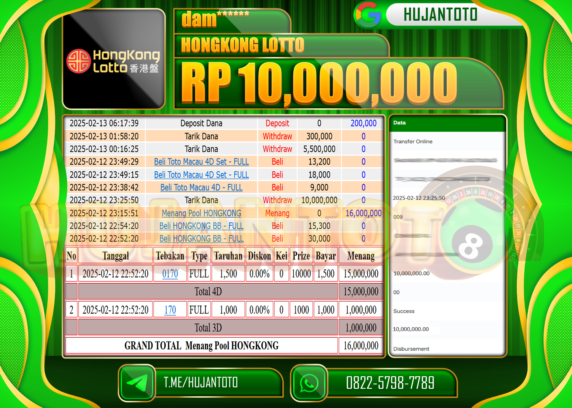 HUJANTOTO - BUKTI JACKPOT MENANG SLOT HONGKONG LOTTO Rp,10,000,000 - TERBAYAR LUNAS