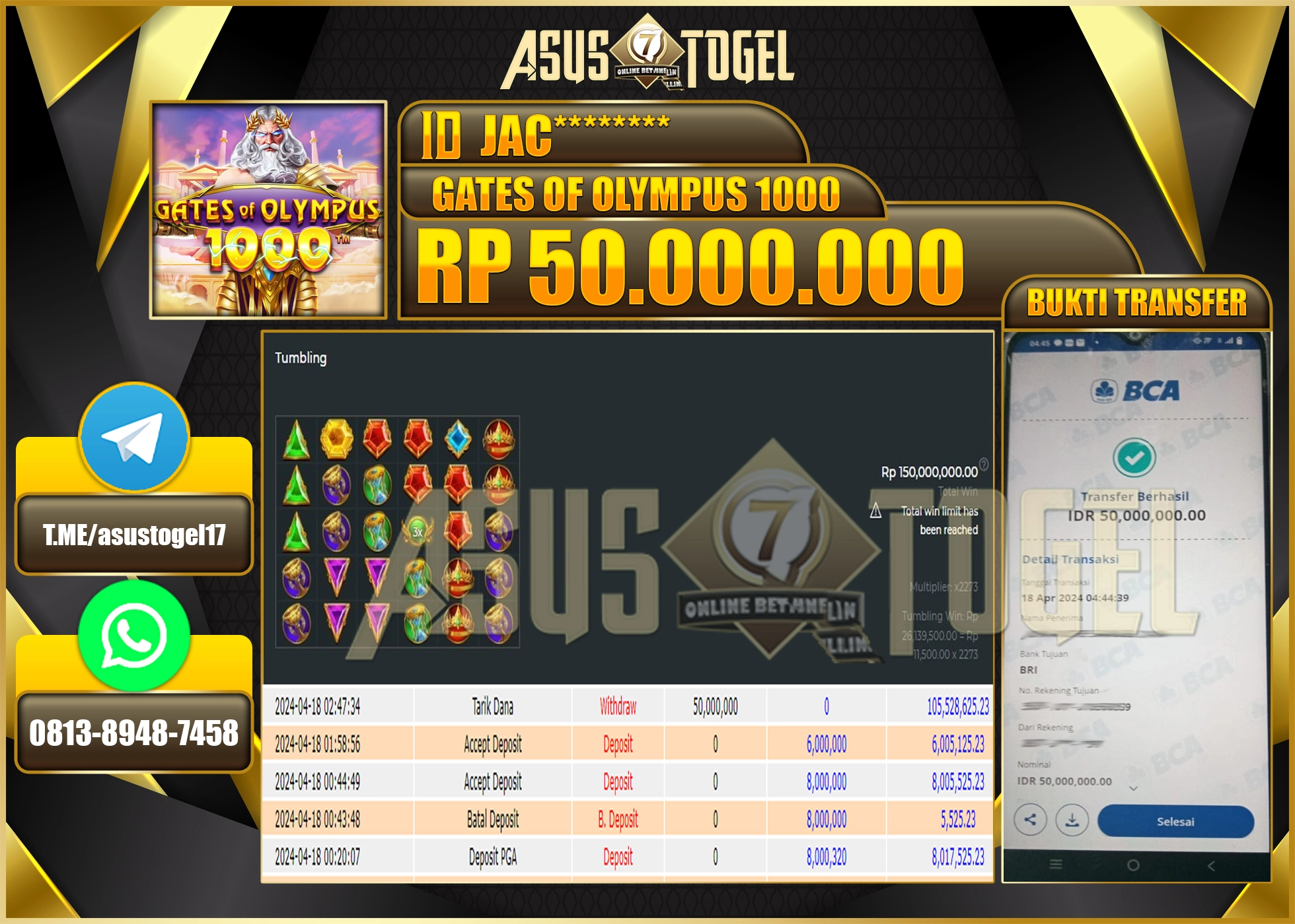 ASUSTOGEL KEMENANGAN BESAR GATES OF OLYMPUS 1000  50.000.000 BERHASIL TERBAYAR LUNAS