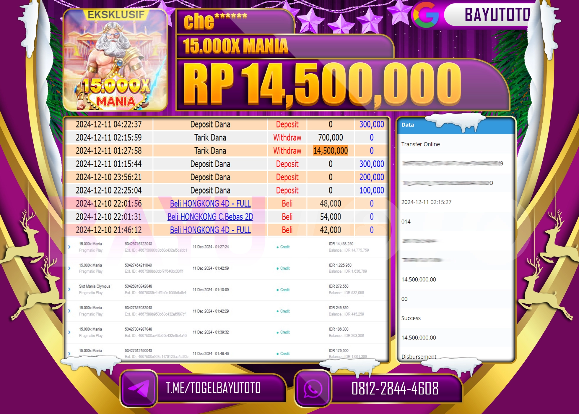 BAYUTOTO MENANG 15000 X MANIA PRAGMATIC PLAY 14,500,000- LUNAS