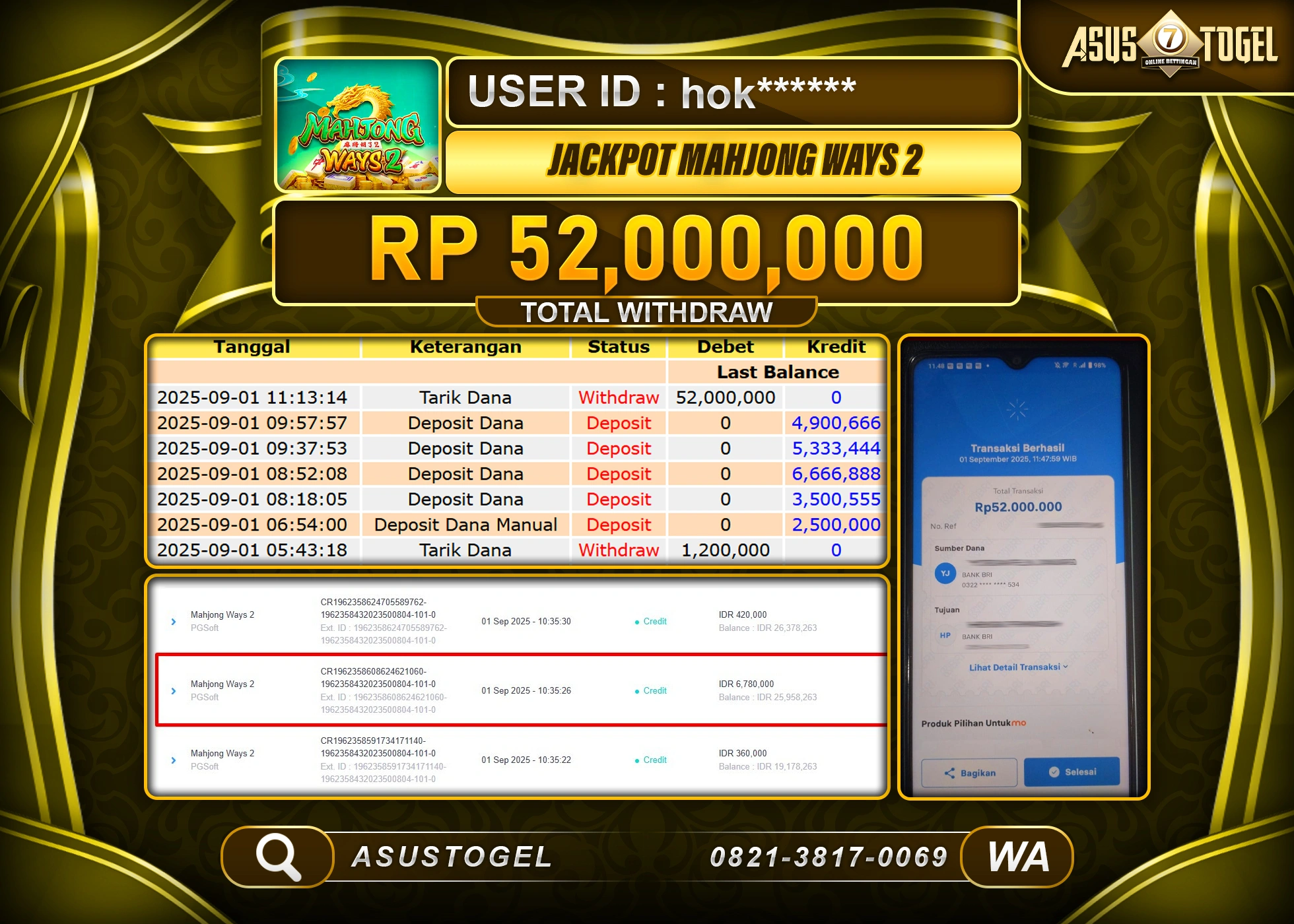 ASUSTOGEL KEMENANGAN DI SLOT MAHJONG WAYS 2 SEBESAR 52,000,000- RUPIAH LUNAS