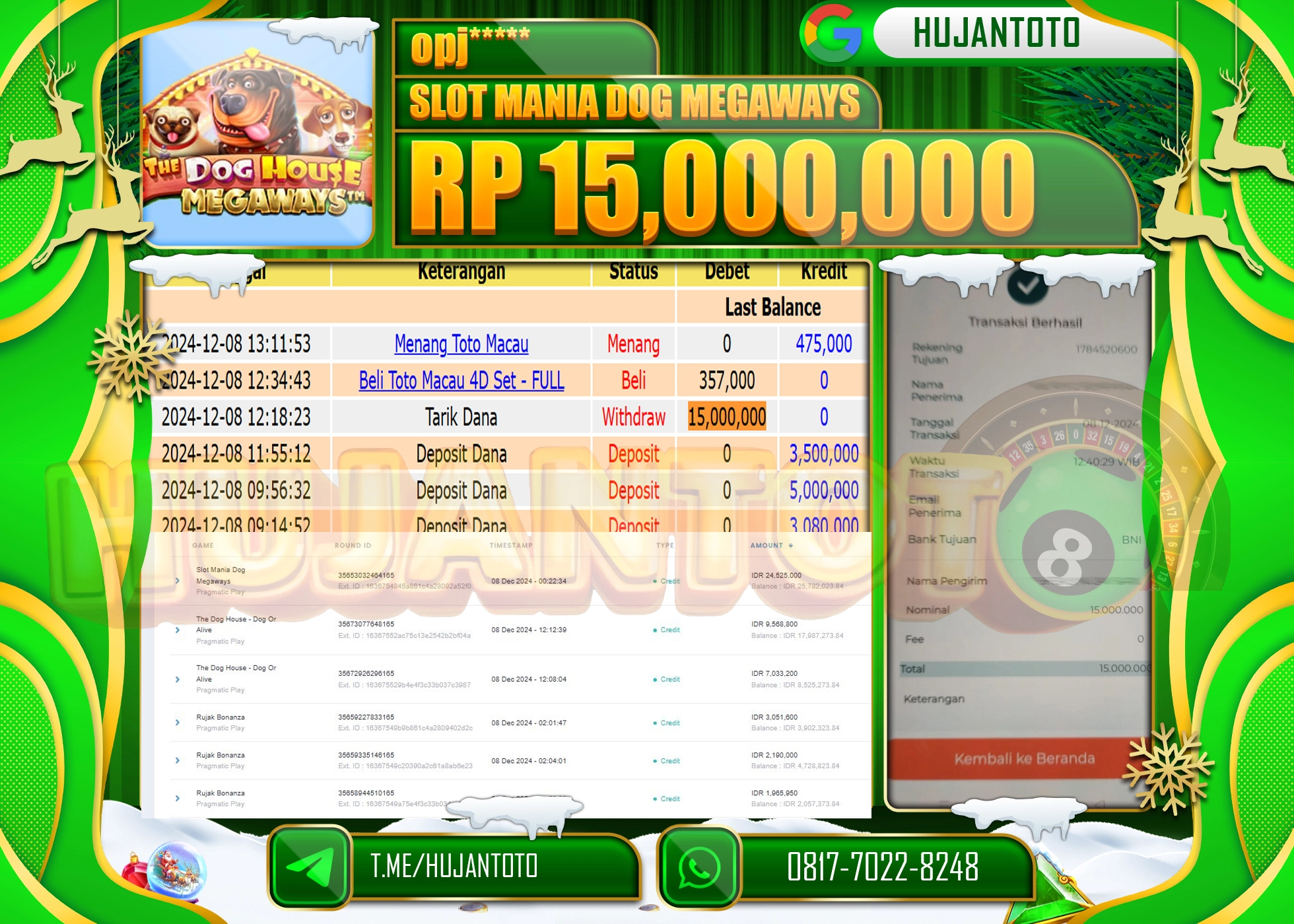 HUJANTOTO ATAS KEMENANGAN BESAR YANG  DI RAIH DI PERMAINAN SLOT MANIA DOG MEGAWAYS - 15,000,000 -TERBAYAR - LUNAS 