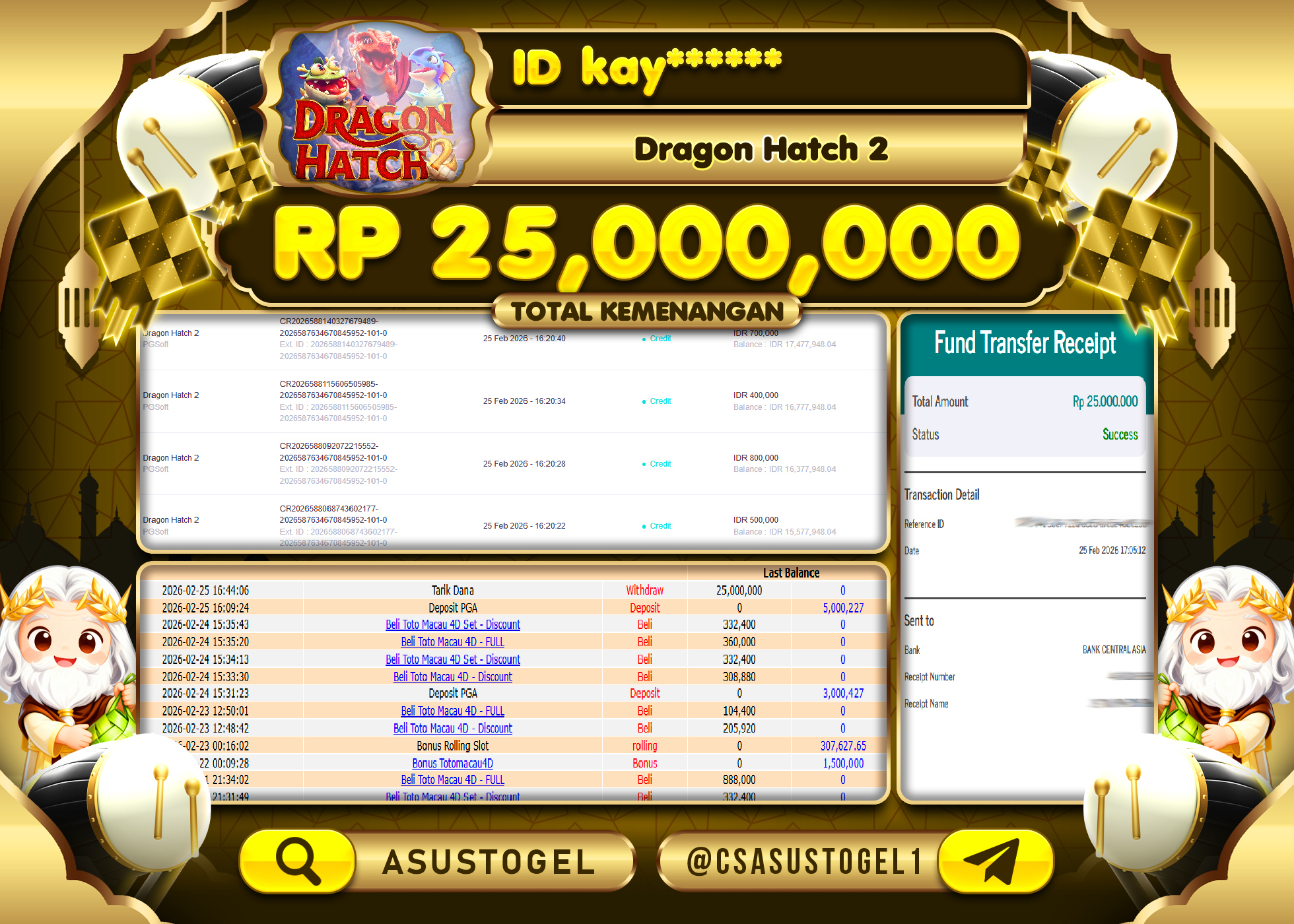 ASUSTOGEL KEMENANGAN DI SLOT DRAGON HATCH 2 PG SOFT SEBESAR 25,000,000 - RUPIAH LUNAS
