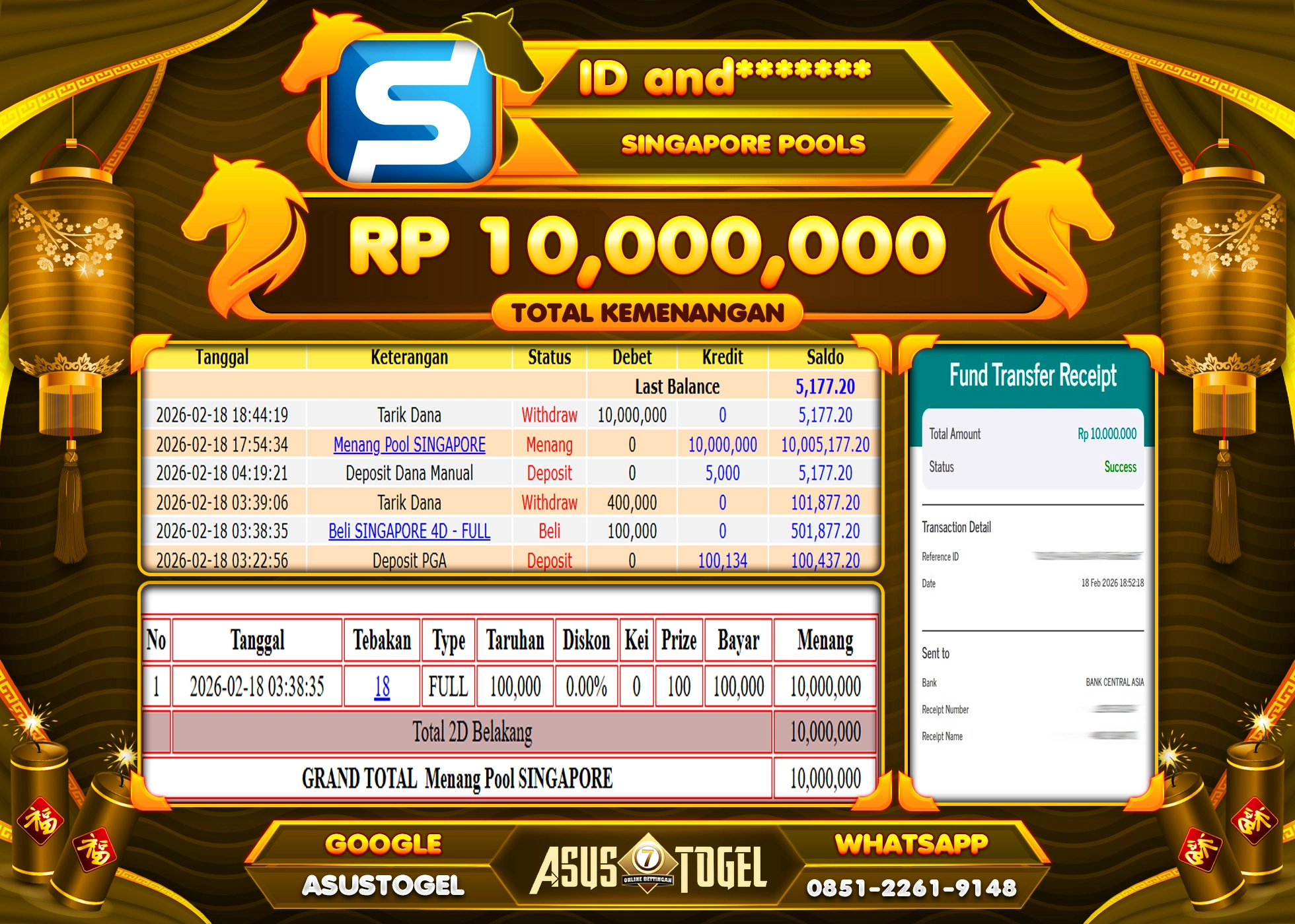 ASUSTOGEL KEMENANGAN DI TOGEL SINGAPORE SEBESAR 10,000,000 - RUPIAH LUNAS