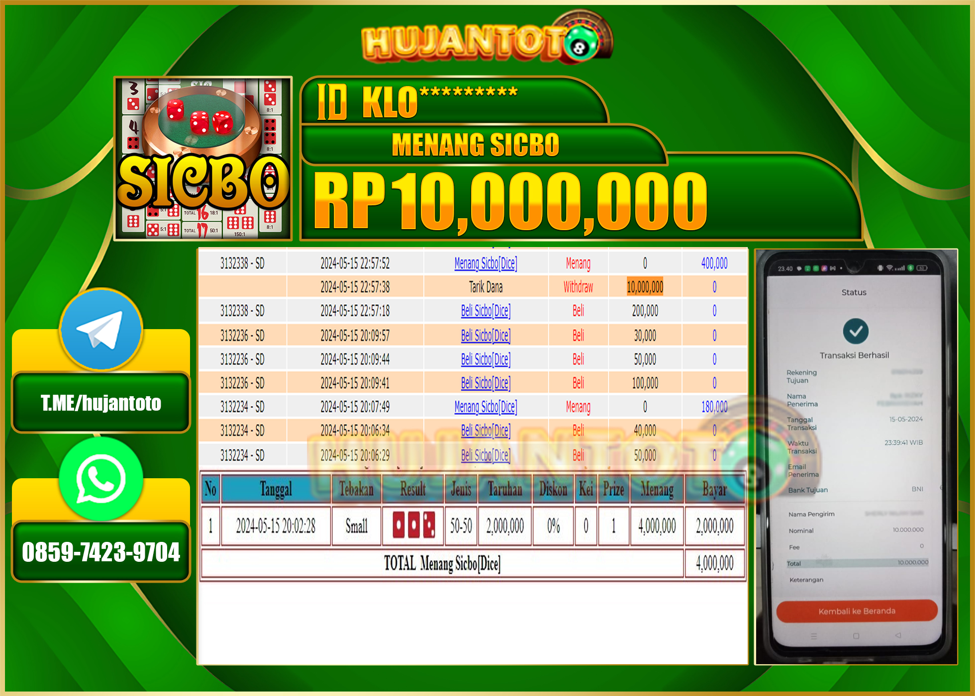 HUJANTOTO MENANG SICBO DICE LIVE GAME 10.000.000 - LUNAS 