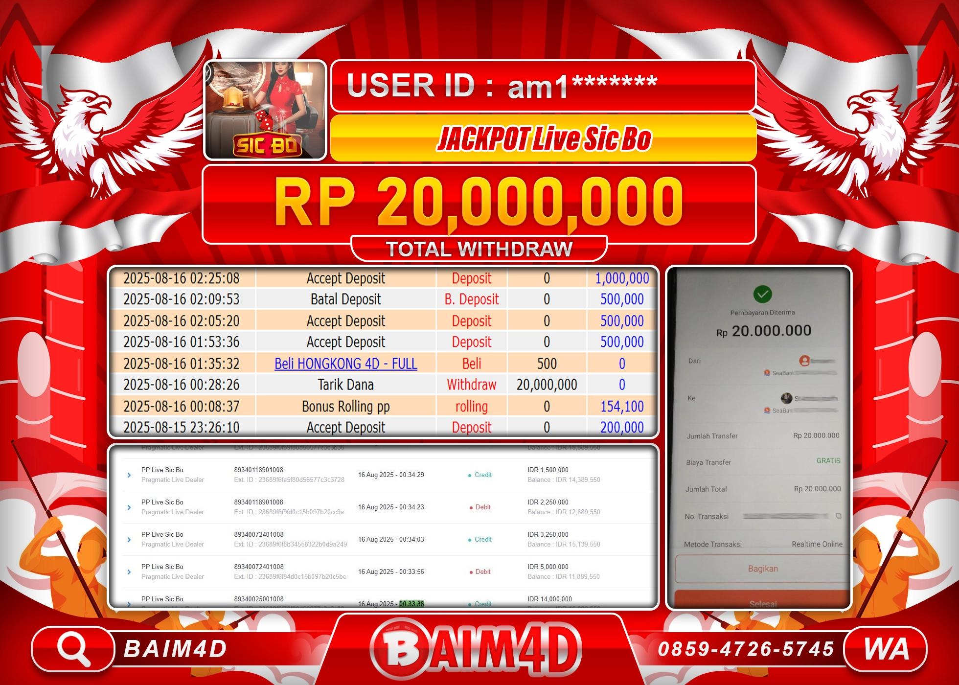 BAIM4D JACKPOT LIVE SIC BO (Pragmatic Live Dealer)  Rp.20,000,000.- LUNAS