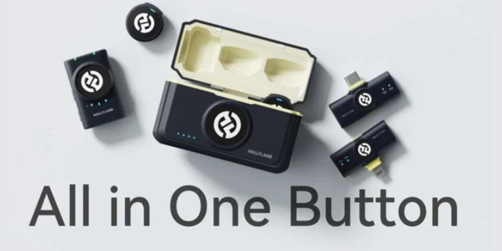 開いた状態の充電ケース、2つの丸いボタン型送信機、そしてカメラ用、USB-C用、Lightning用の3種類の受信機が散りばめられた