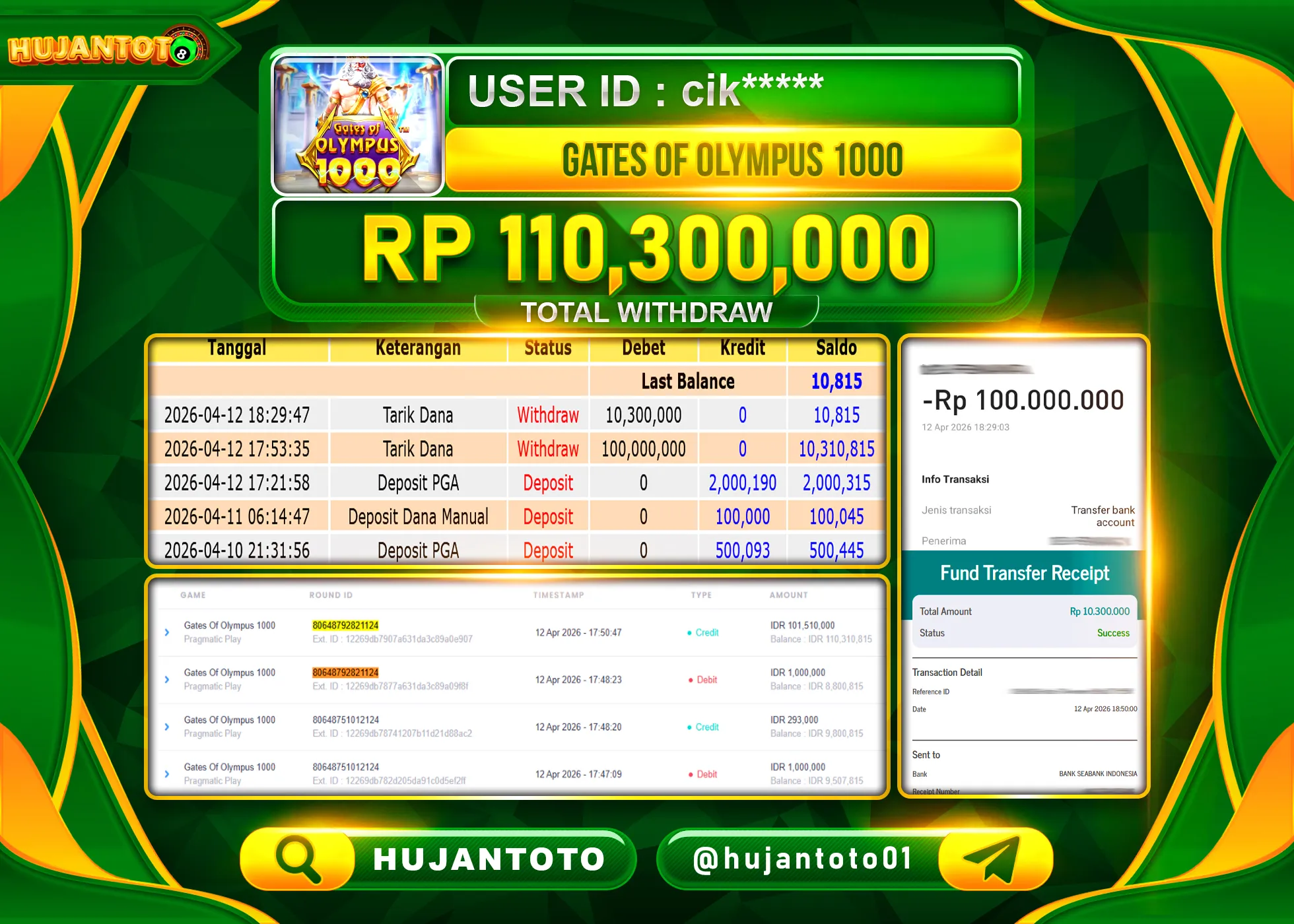 HUJANTOTO - BUKTI JACKPOT MENANG SLOT GATES OF OLYMPUS 1000 Rp.110,300,000 - TERBAYAR LUNAS
