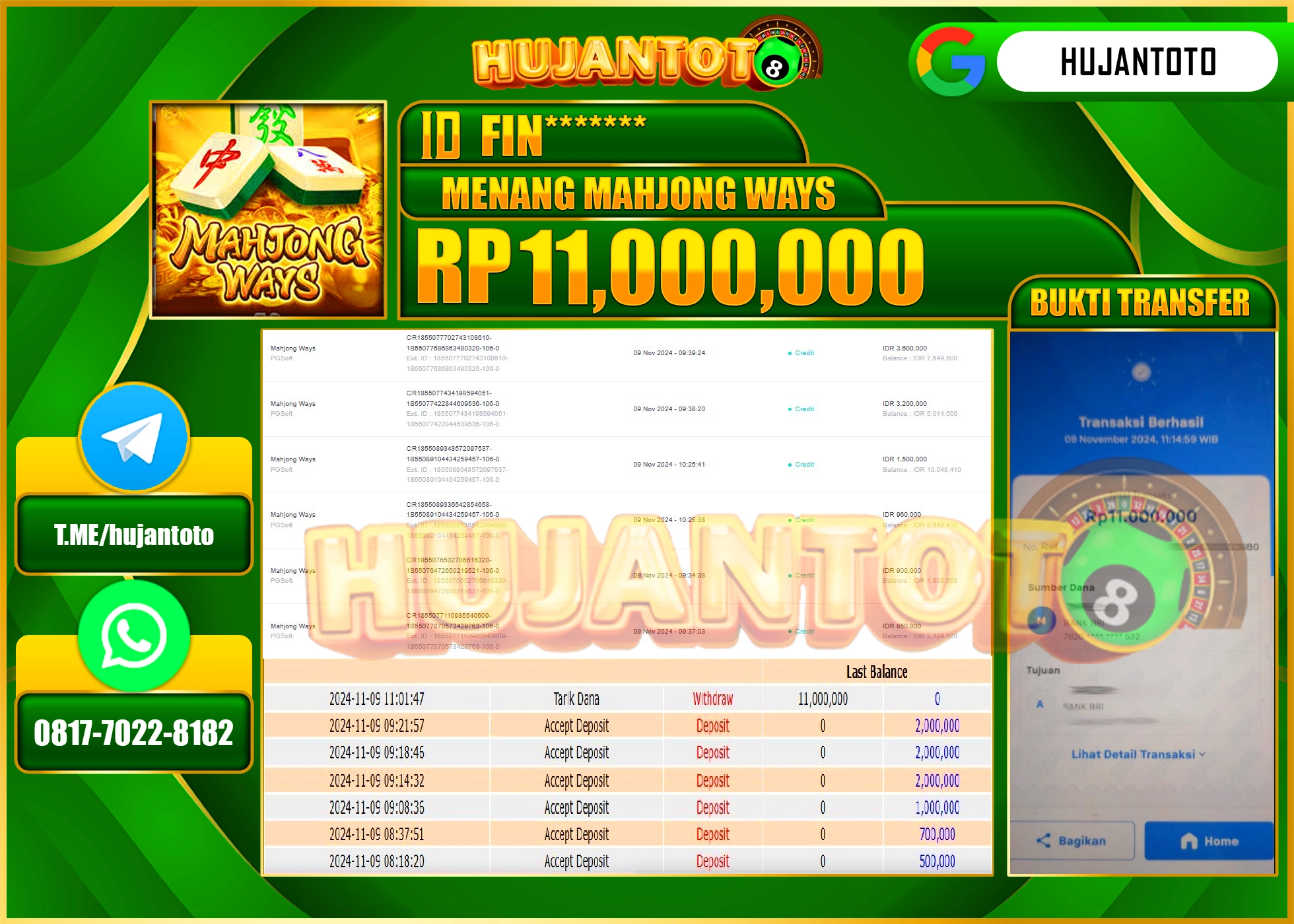 HUJANTOTO MENANG DI PERMAINAN  DI RAIH SLOT MAHJONG WAYS (PG SOFT)- 11,000,000  - LUNAS
