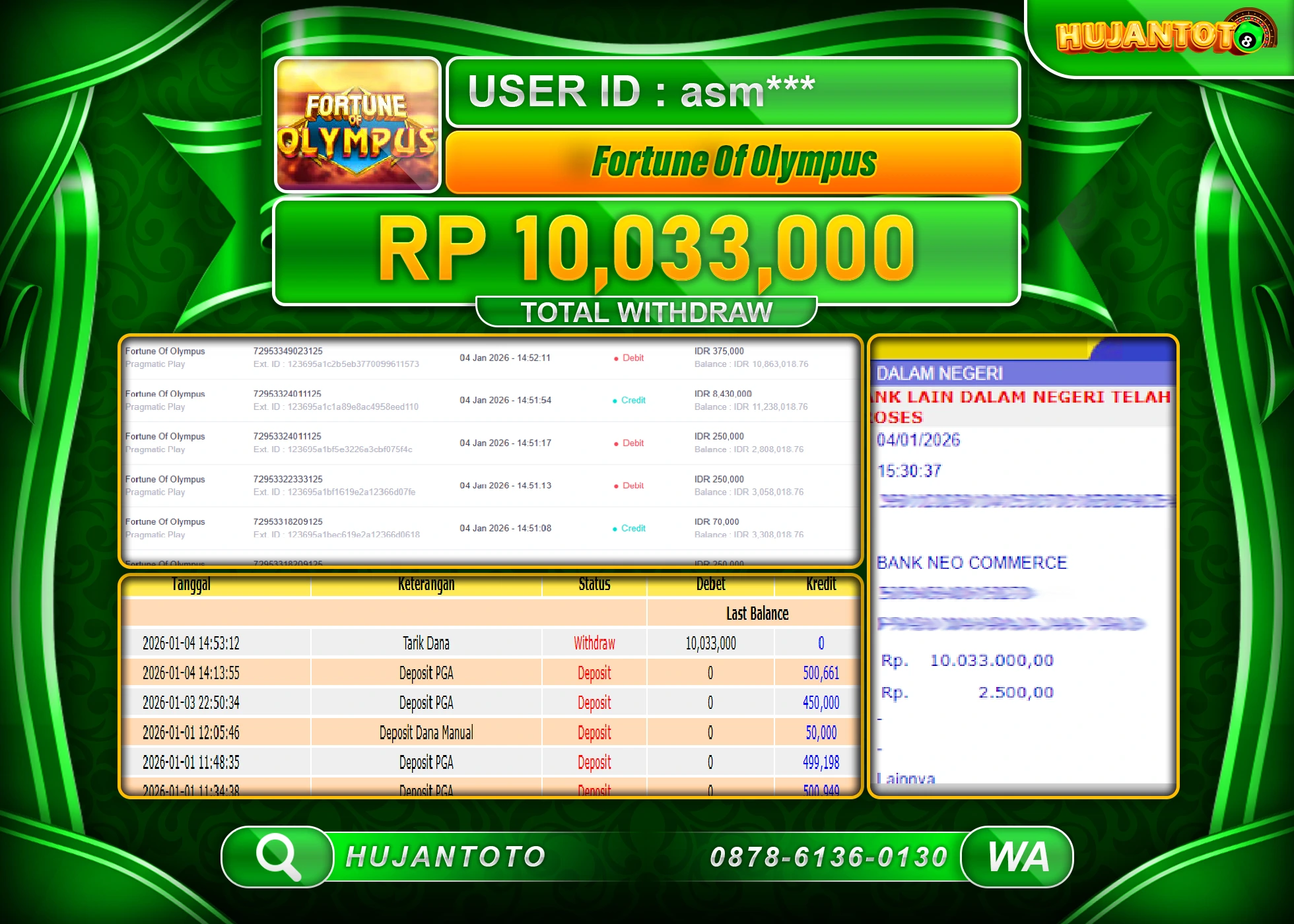 HUJANTOTO - BUKTI JACKPOT MENANG SLOT FORTUNE OF OLYMPUS  Rp.10,033,000 - TERBAYAR LUNAS