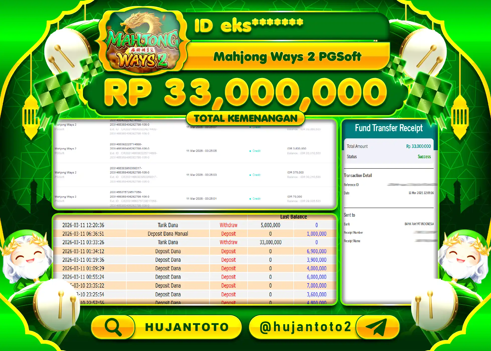 HUJANTOTO - BUKTI JACKPOT MENANG SLOT MAHJONG WAYS 2 Rp.33,000,000 - TERBAYAR LUNAS