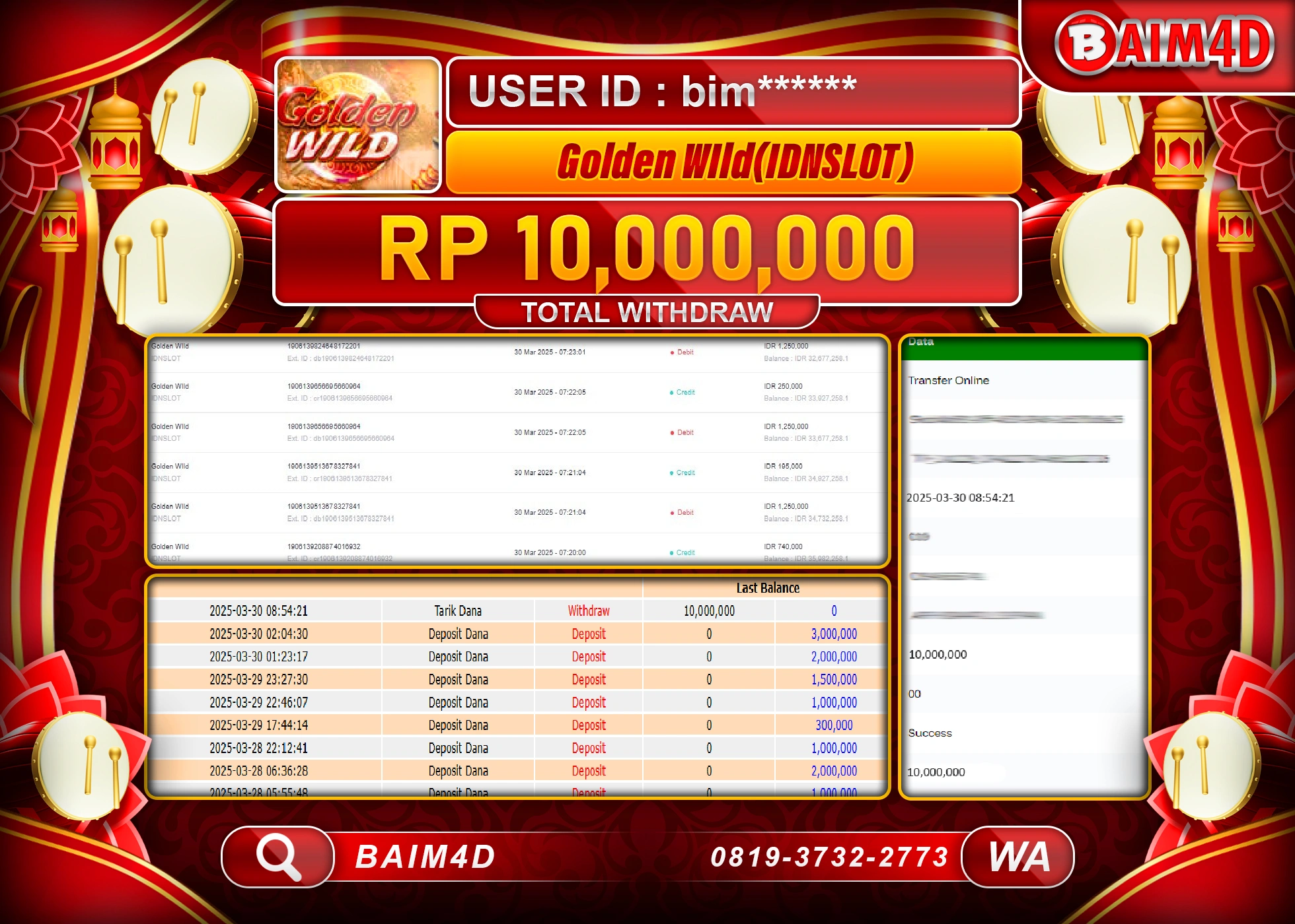 BAIM4D  MENANG   GOLDEN WILD (SLOT) 1000 Rp.10.000,000.- LUNAS