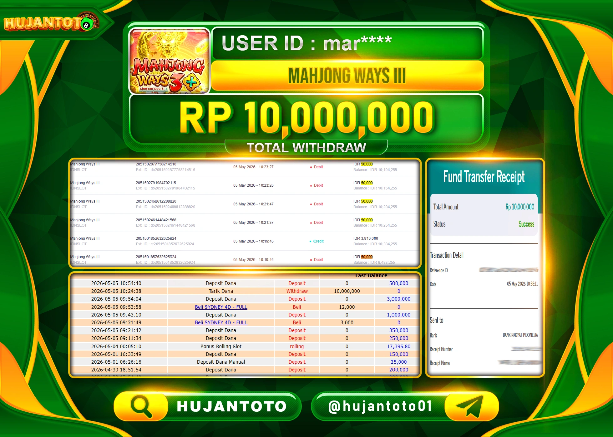 HUJANTOTO - BUKTI JACKPOT MENANG SLOT MAHJONG WAYS III Rp.10,000,000 - TERBAYAR LUNAS
