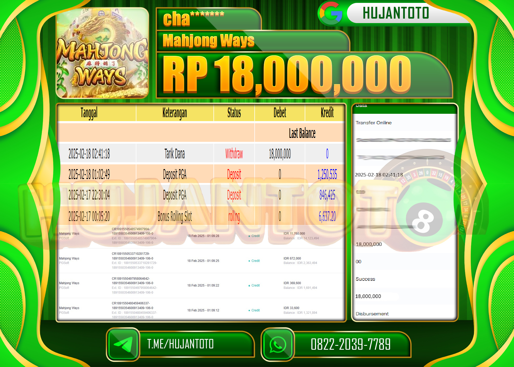 HUJANTOTO - BUKTI JACKPOT MENANG SLOT MAHJONG WAYS Rp,18,000,000 - TERBAYAR LUNAS