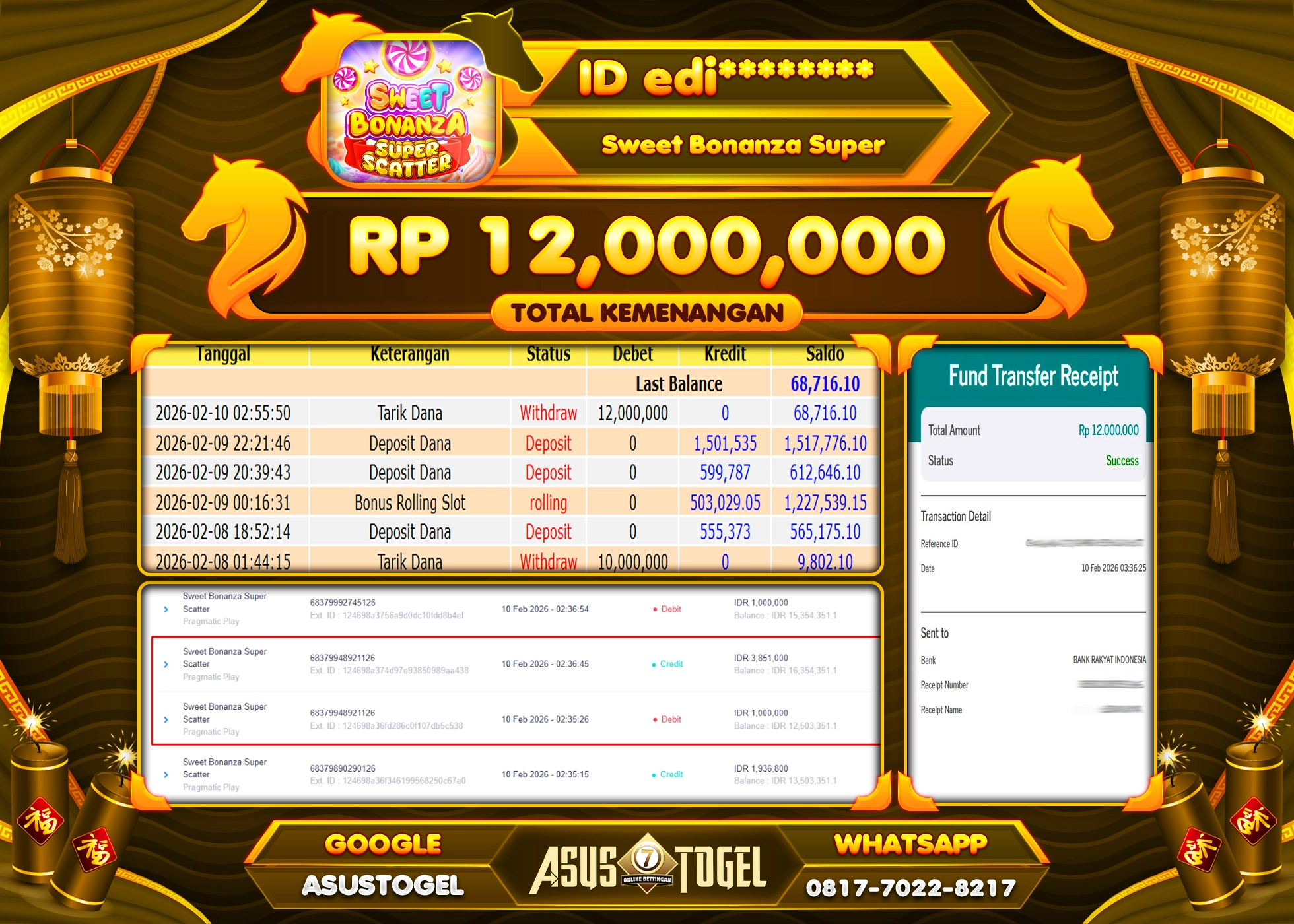 ASUSTOGEL KEMENANGAN DI SLOT SWEET BONANZA SUPER SEBESAR 12,000,000 - RUPIAH LUNAS