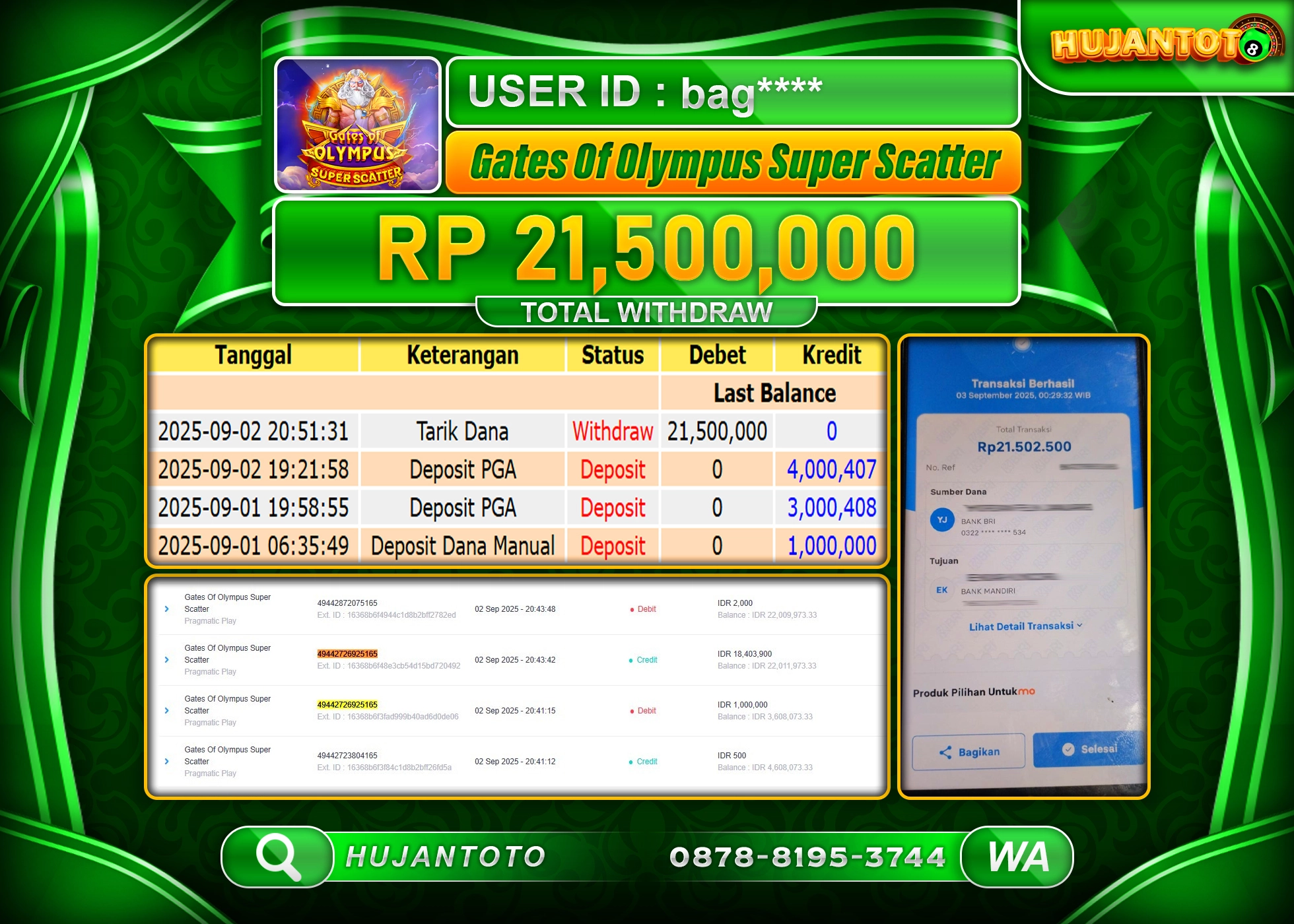 HUJANTOTO - BUKTI JACKPOT MENANG GATES OF OLYMPUS SUPER SCATTER Rp.21,500,000 - TERBAYAR LUNAS