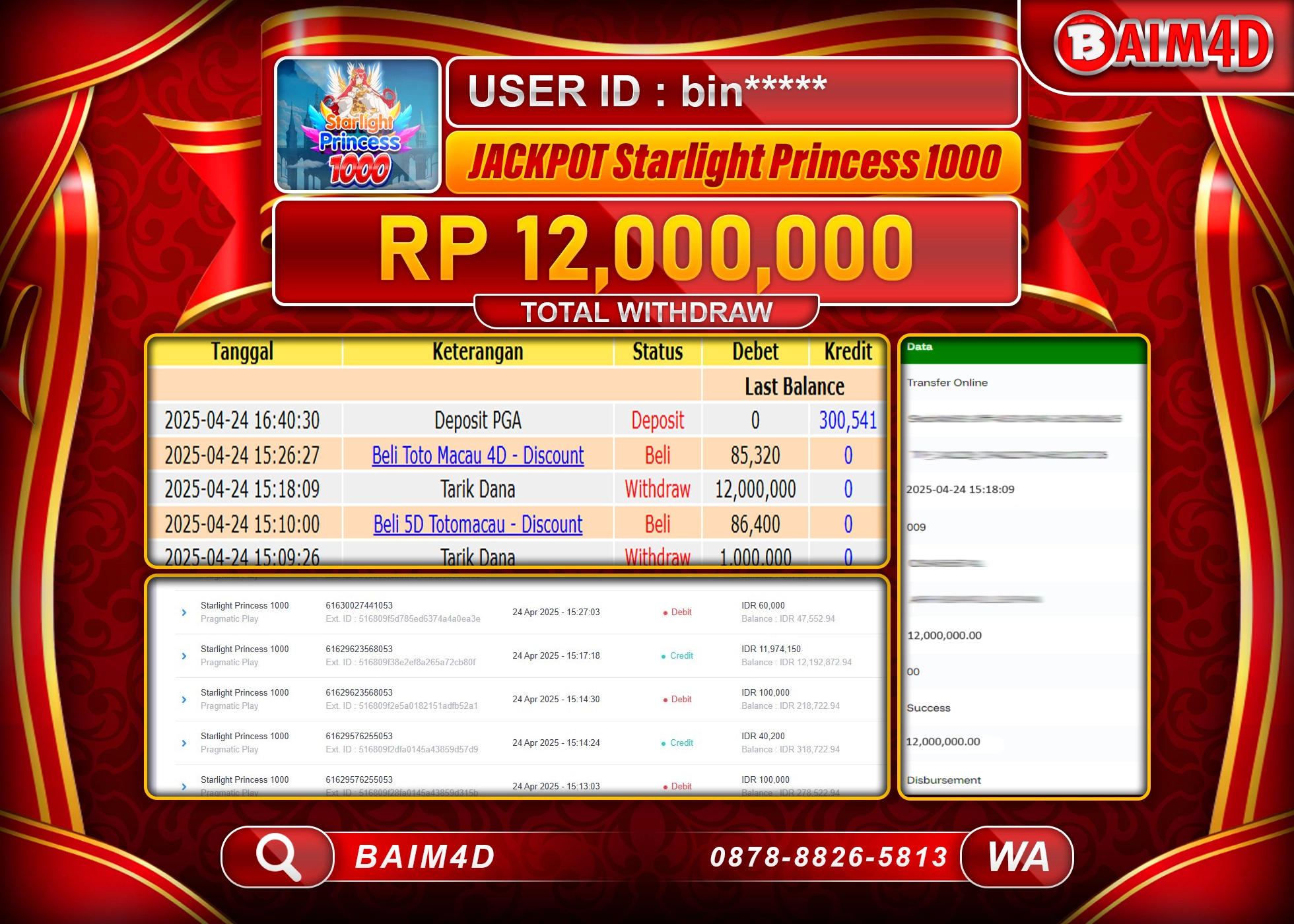 BAIM4D JACKPOT STARLIGHT PRINCESS 1000 Rp.12.000,000.- LUNAS