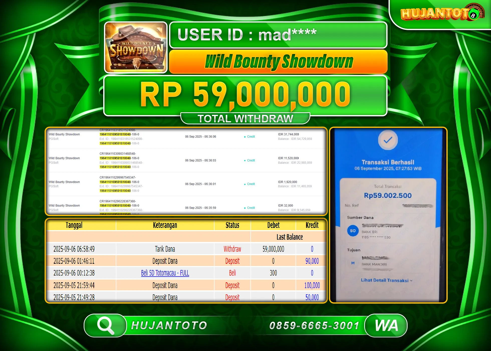 HUJANTOTO - BUKTI JACKPOT MENANG SLOT WILD BOUNTY SHOWDOWN Rp.59,000,000 - TERBAYAR LUNAS