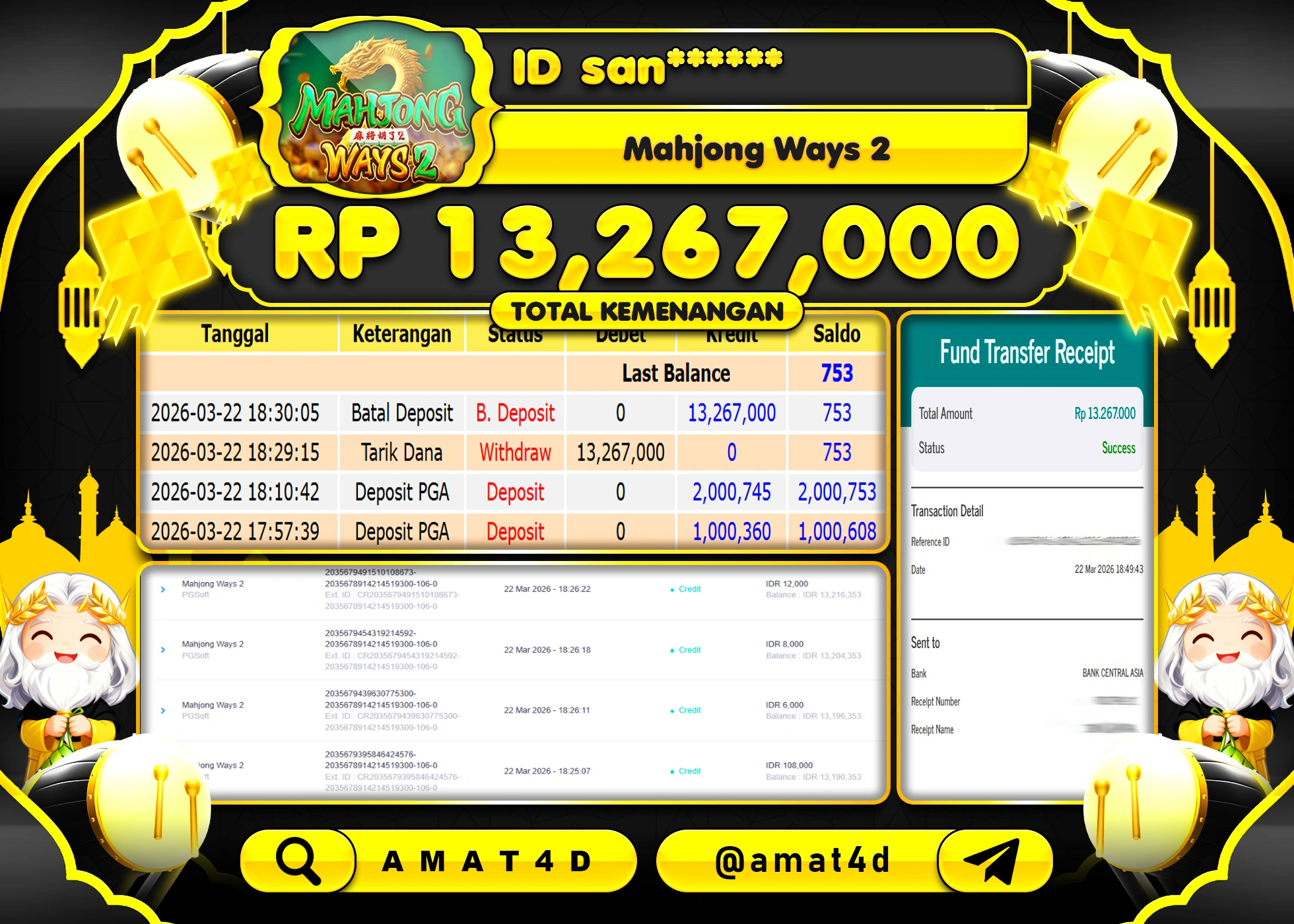 AMAT4D KEMENANGAN DI  MAHJONG WAYS PGSOFT 2  Rp.13,267,000 BERHASIL TERBAYAR LUNAS