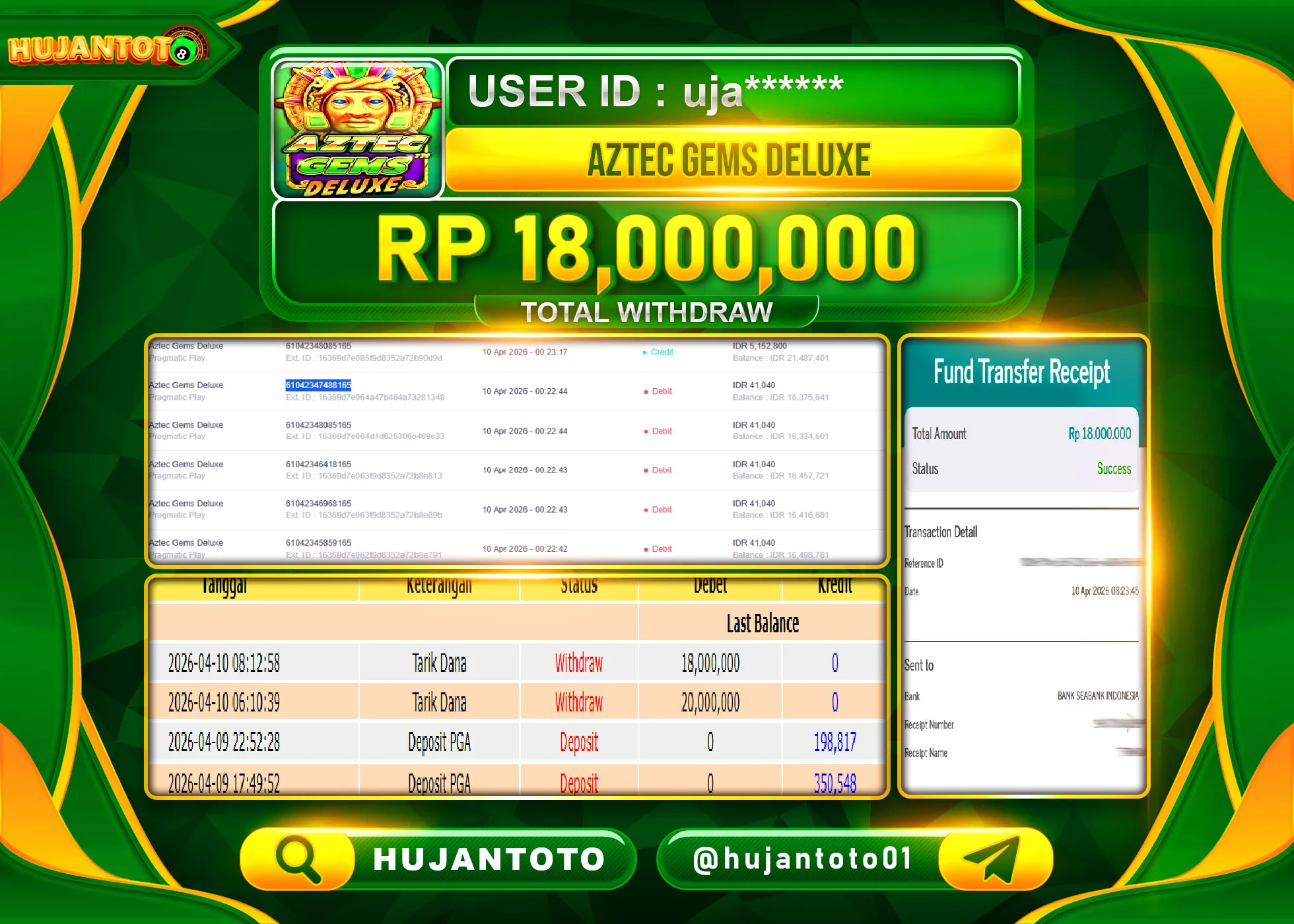 HUJANTOTO - BUKTI JACKPOT MENANG SLOT AZTEC GEMS DELUXE Rp.18,000,000 - TERBAYAR LUNAS