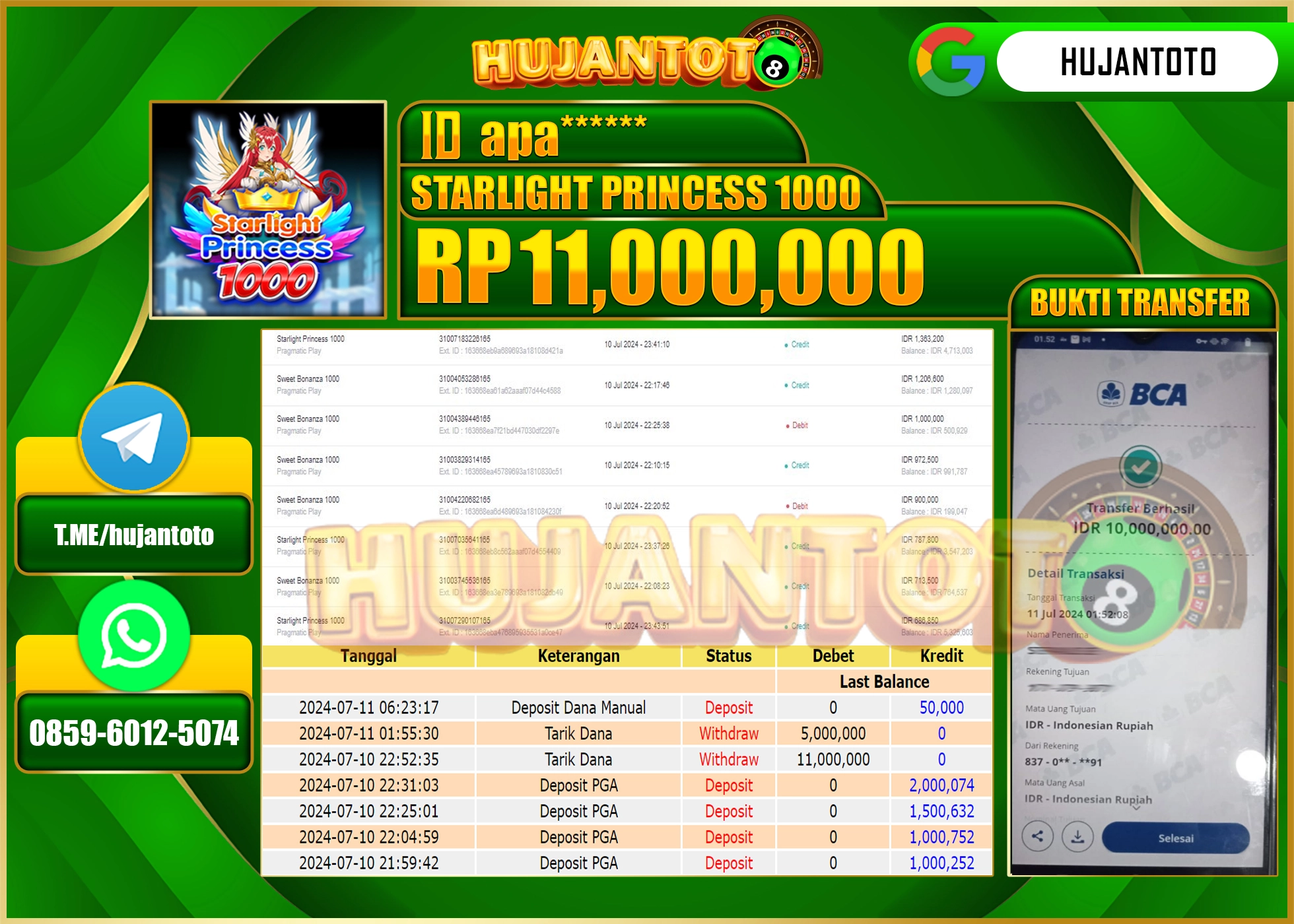 HUJANTOTO MENANG SLOT STARLIGHT PRINCESS 1000 (Pragmatic Play)  11.000.000 - LUNAS 