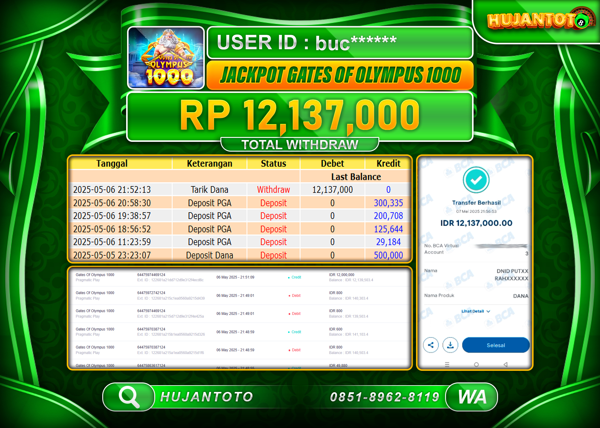 HUJANTOTO - BUKTI JACKPOT MENANG SLOT GATES OF OLYMPUS 1000, Rp,12,137,000  - TERBAYAR LUNAS