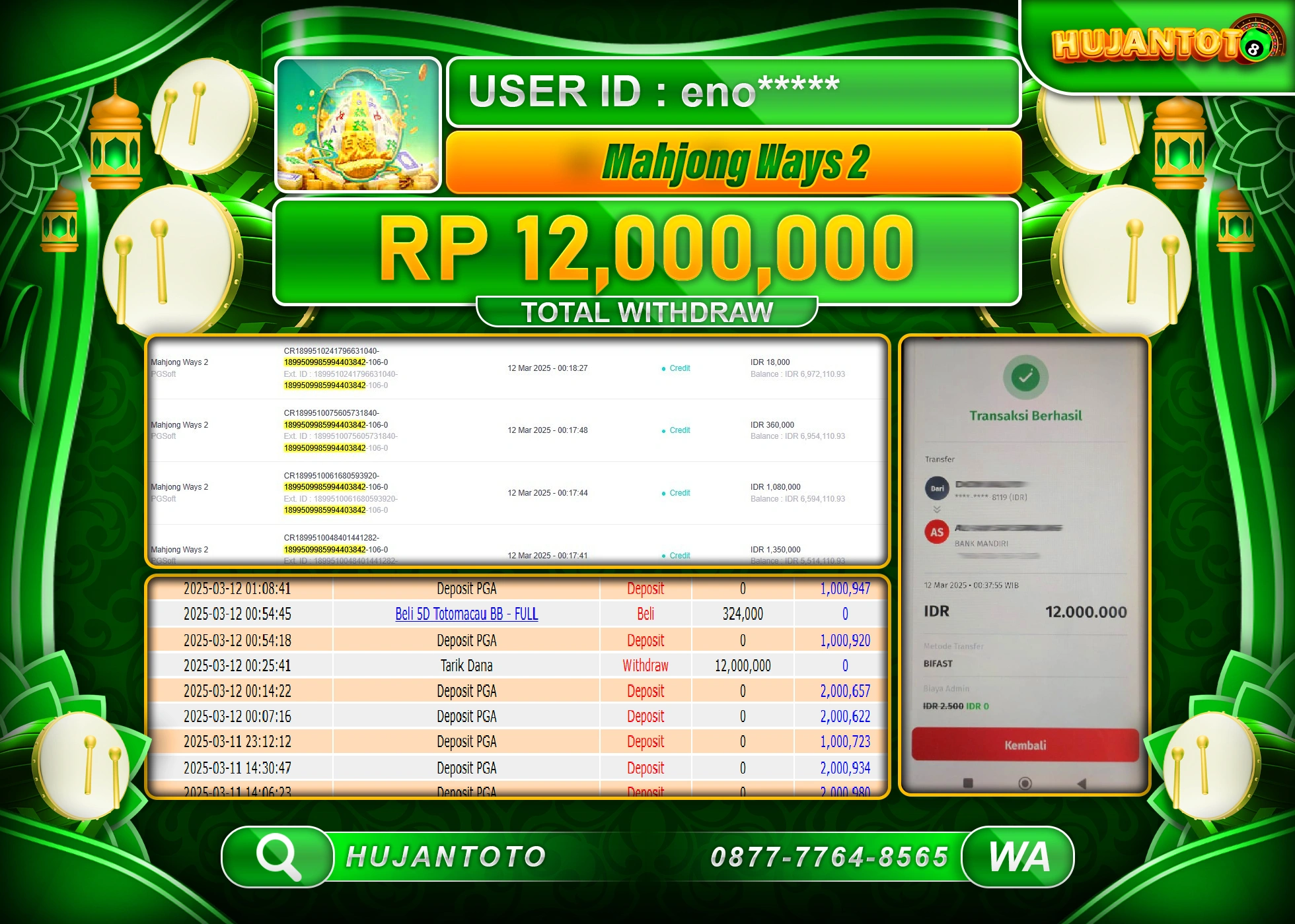 HUJANTOTO - BUKTI JACKPOT MENANG SLOT MAHJONG WAYS 2 Rp,12,000,000 - TERBAYAR LUNAS