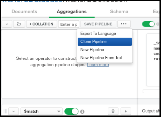 MongoDB Compass Community Aggregation Pipeline Builder, saving the aggregation queries
