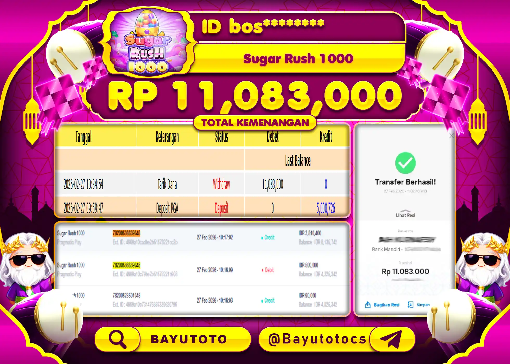 SELAMAT MEMBER SETIA BAYUTOTO JACKPOT DI SLOT SUGAR RUSH 1000 Rp. 11,083,000 LUNAS