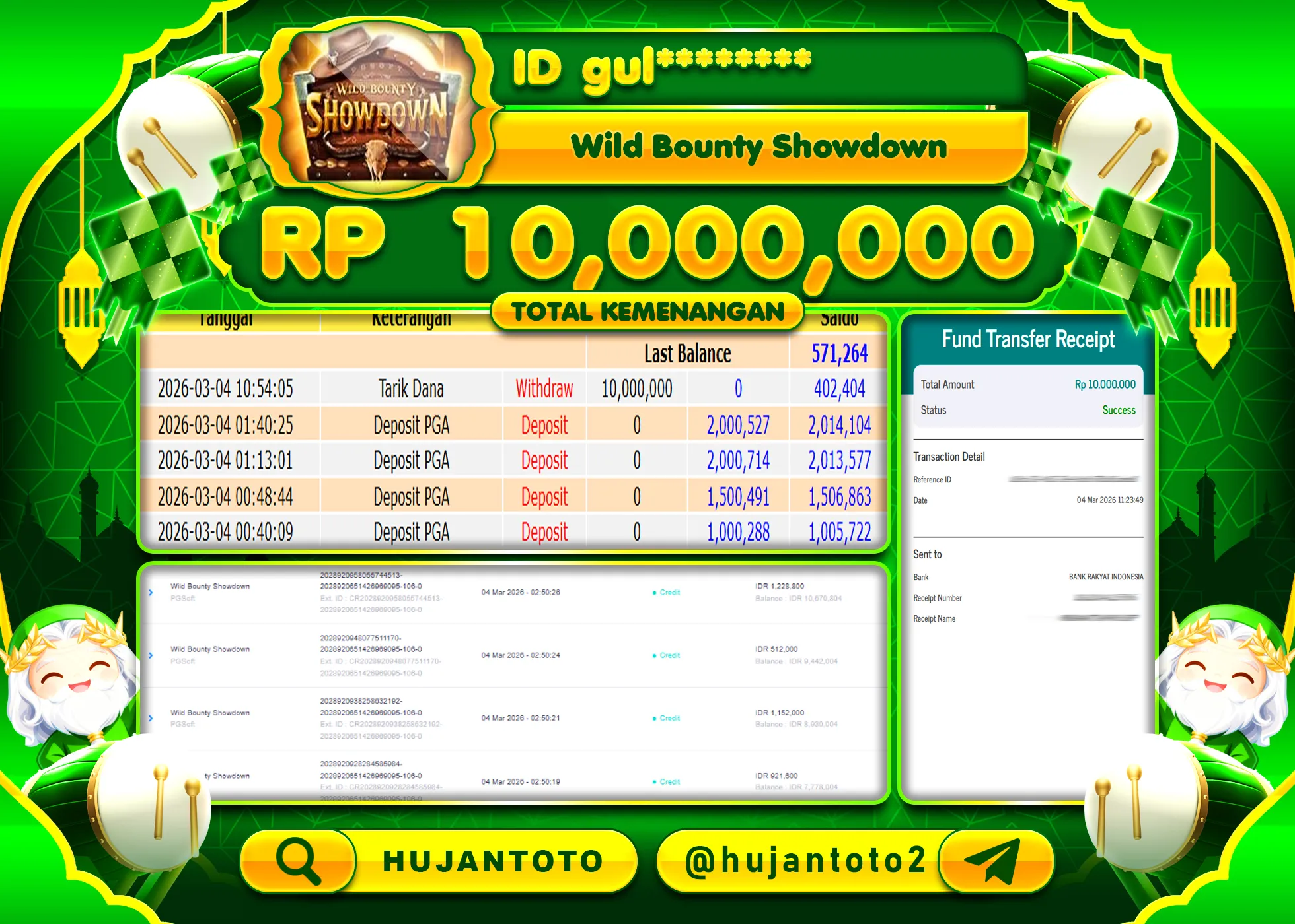 HUJANTOTO - BUKTI JACKPOT MENANG SLOT WILD BOUNTY SHOWDOWN Rp.10,000,000 - TERBAYAR LUNAS