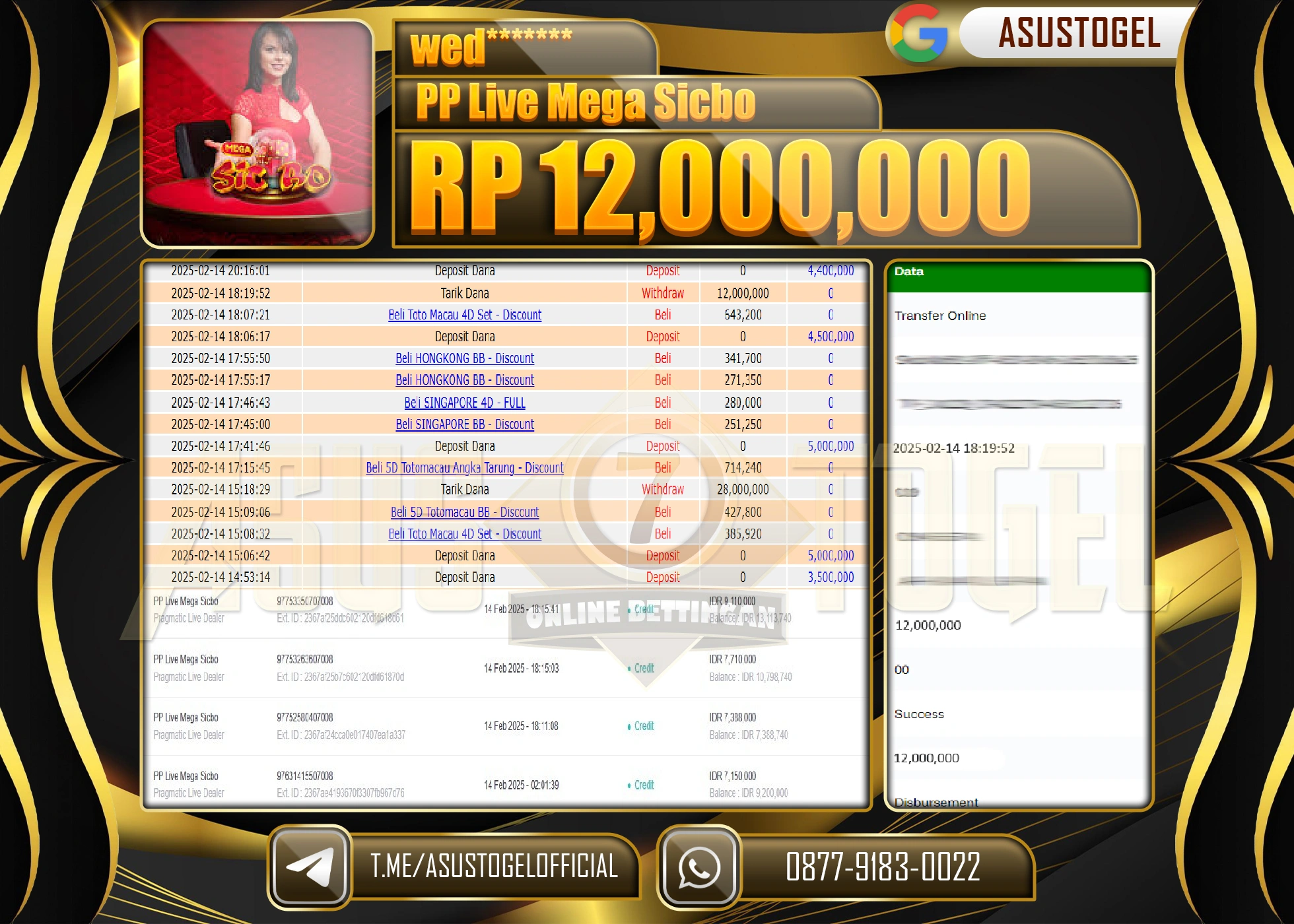 ASUSTOGEL KEMENANGAN DI PP LIVE MEGA SICBO SEBESAR 12.000.000 - RUPIAH LUNAS