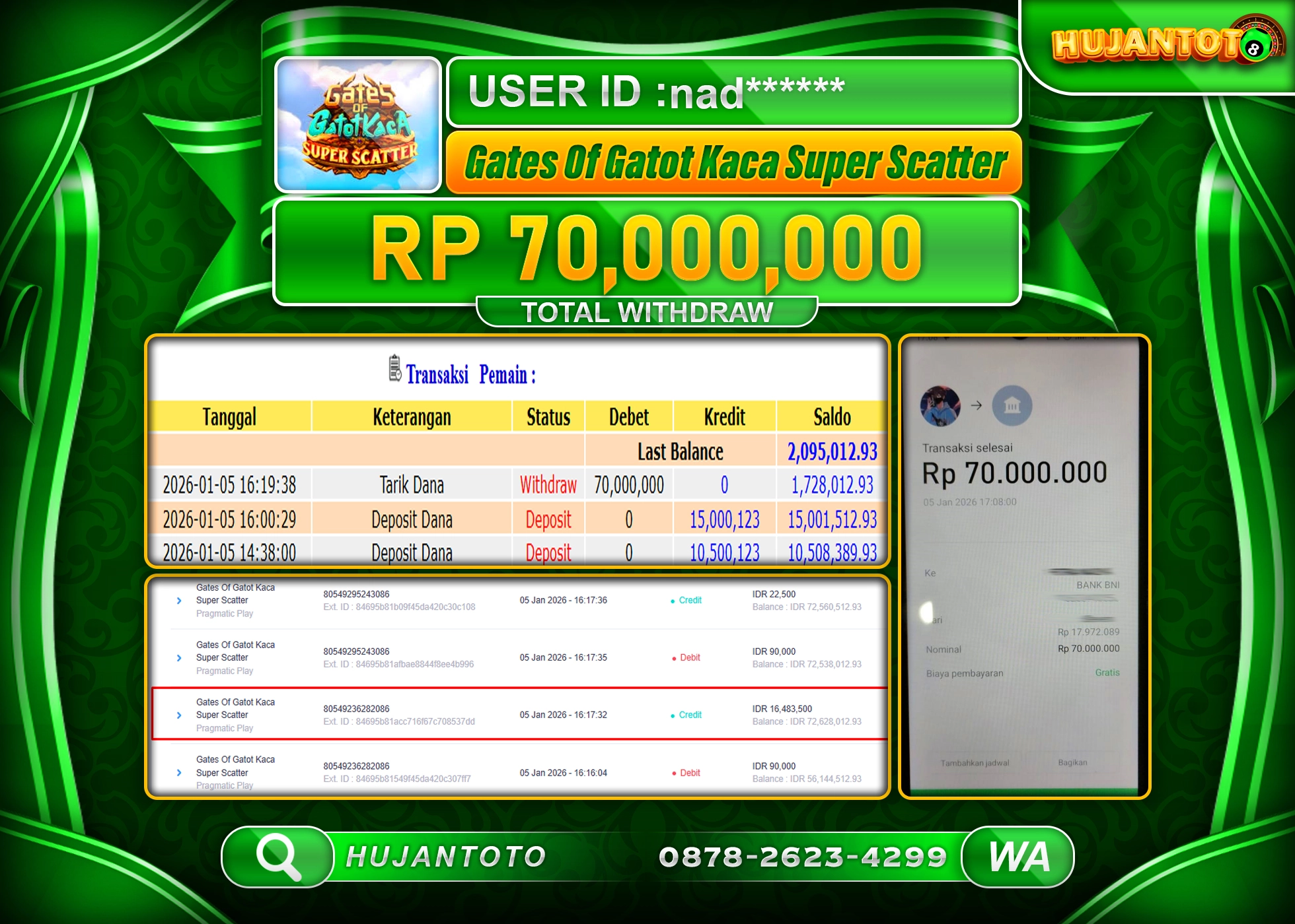 HUJANTOTO - BUKTI JACKPOT MENANG SLOT Gates Of Gatot Kaca Super Scatter Rp.70,000,000 - TERBAYAR LUNAS