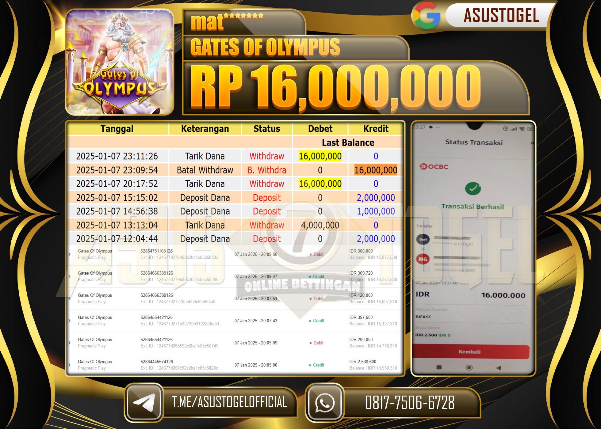 ASUSTOGEL KEMENANGAN DI SLOT GATES OF OLYMPUS SEBESAR 16,000,000- RUPIAH LUNAS