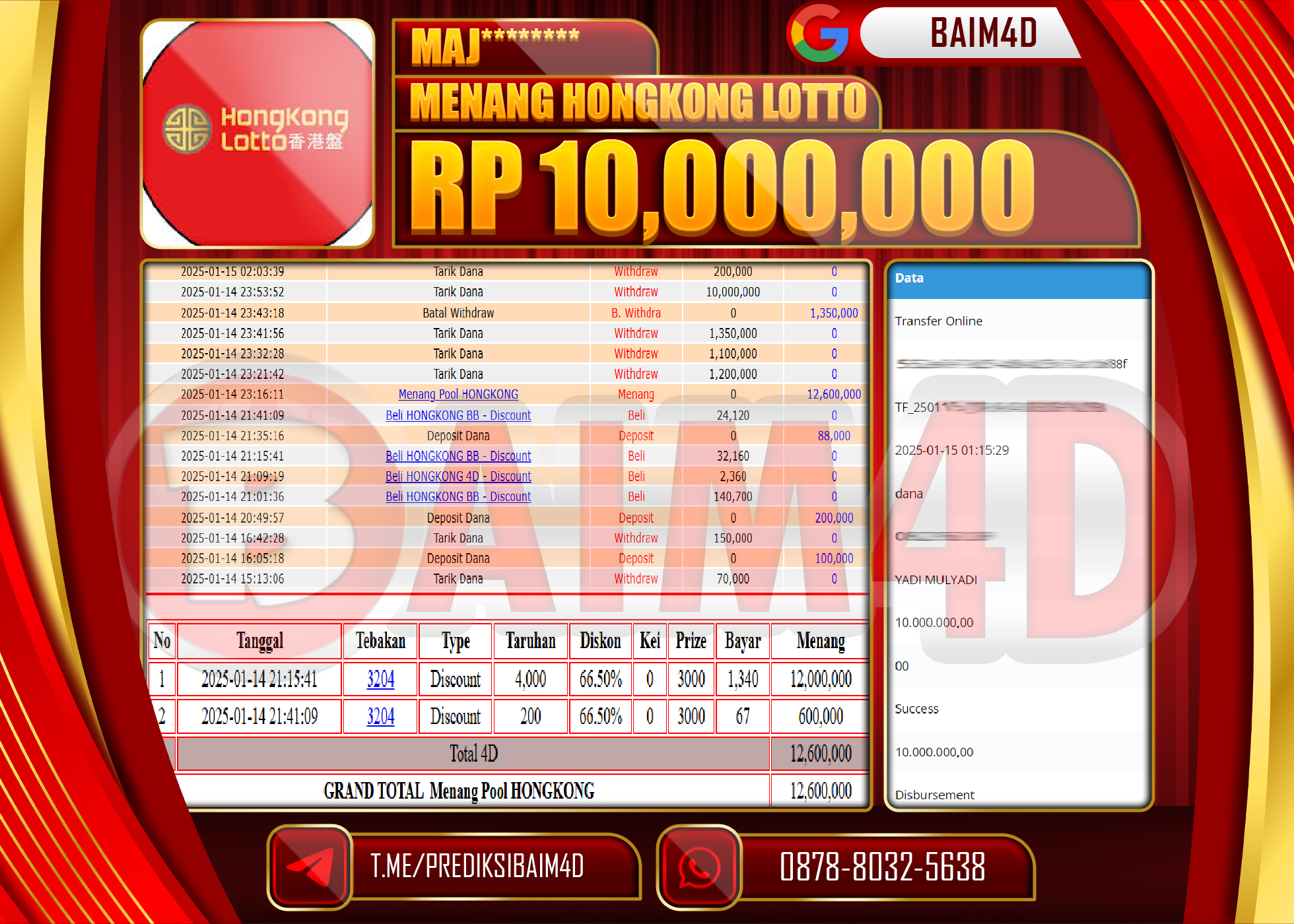 BAIM4D JACKPOT Menang HONGKONG LOTTO   Rp.10,000,000.- LUNAS