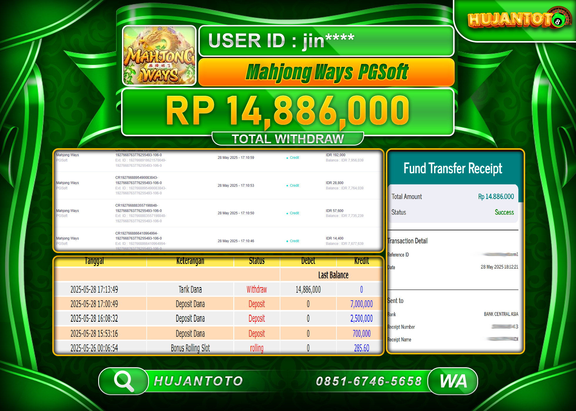 HUJANTOTO - BUKTI JACKPOT MENANG SLOT MAHJONG WAYS  Rp.14,886,000 - TERBAYAR LUNAS