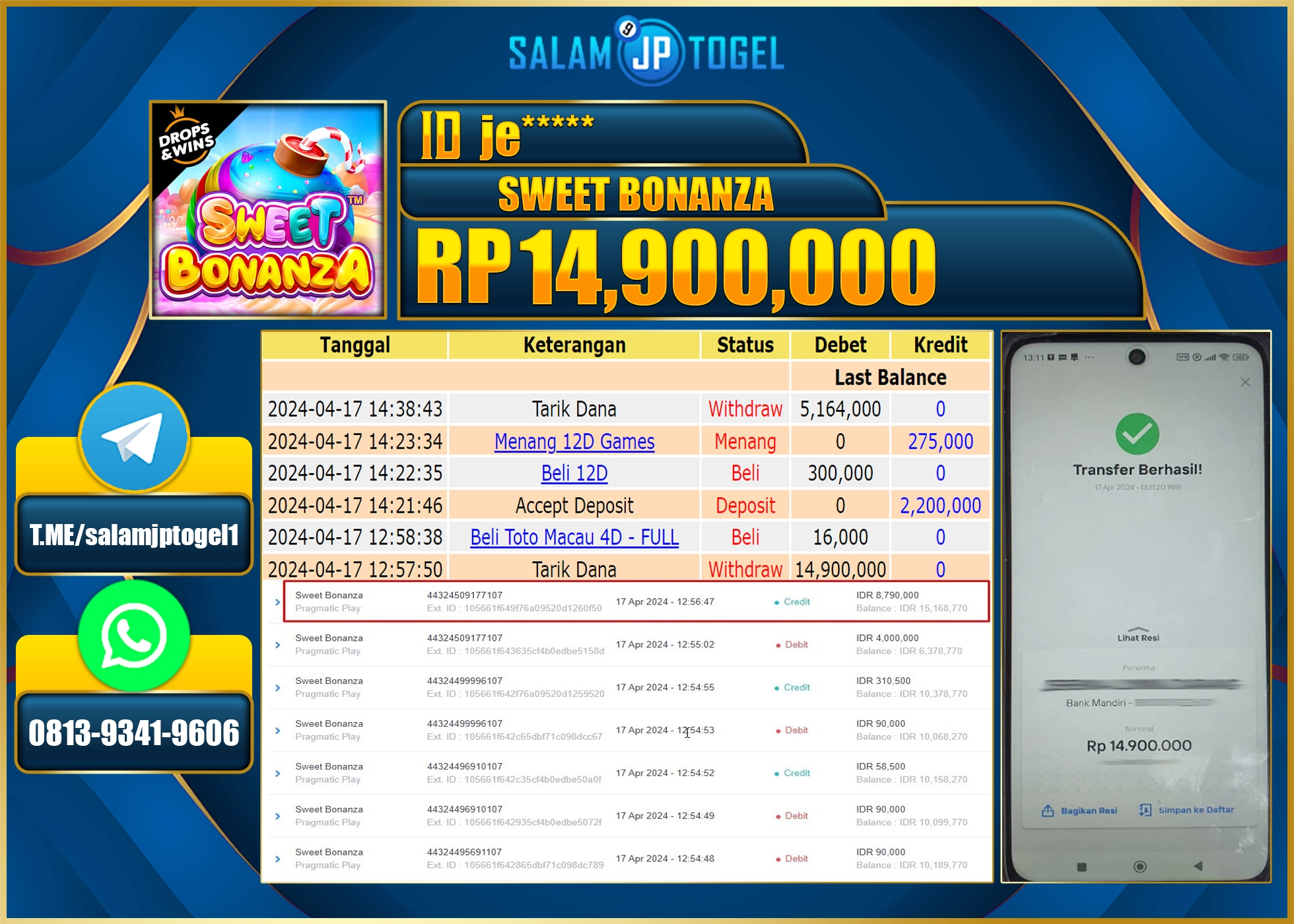 SALAMJPTOGEL JACKPOT TOGEL PASARAN TTM RP.14.900.000.,- LUNAS