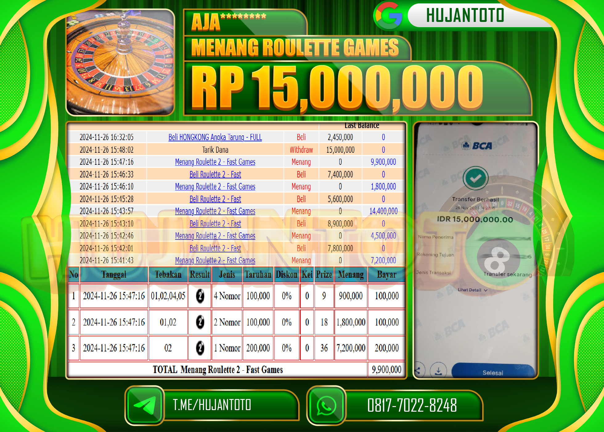 HUJANTOTO KEMENANGAN JACKPOT  BESAR DI LIVE GAME ROULETTE GAMES SEBESAR  - 15,000,000 - LUNAS
