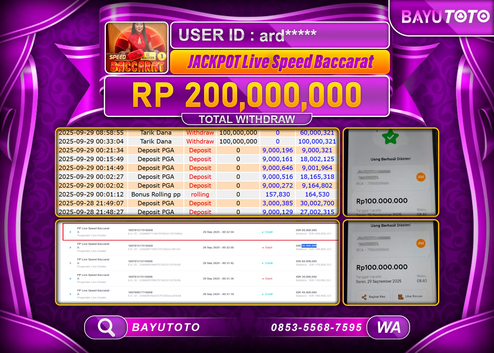 BAYUTOTO JACKPOT DI GAME  LIVEGAMES PP LIVE SPEED BACCARAT  Rp.200,000,000 LUNAS