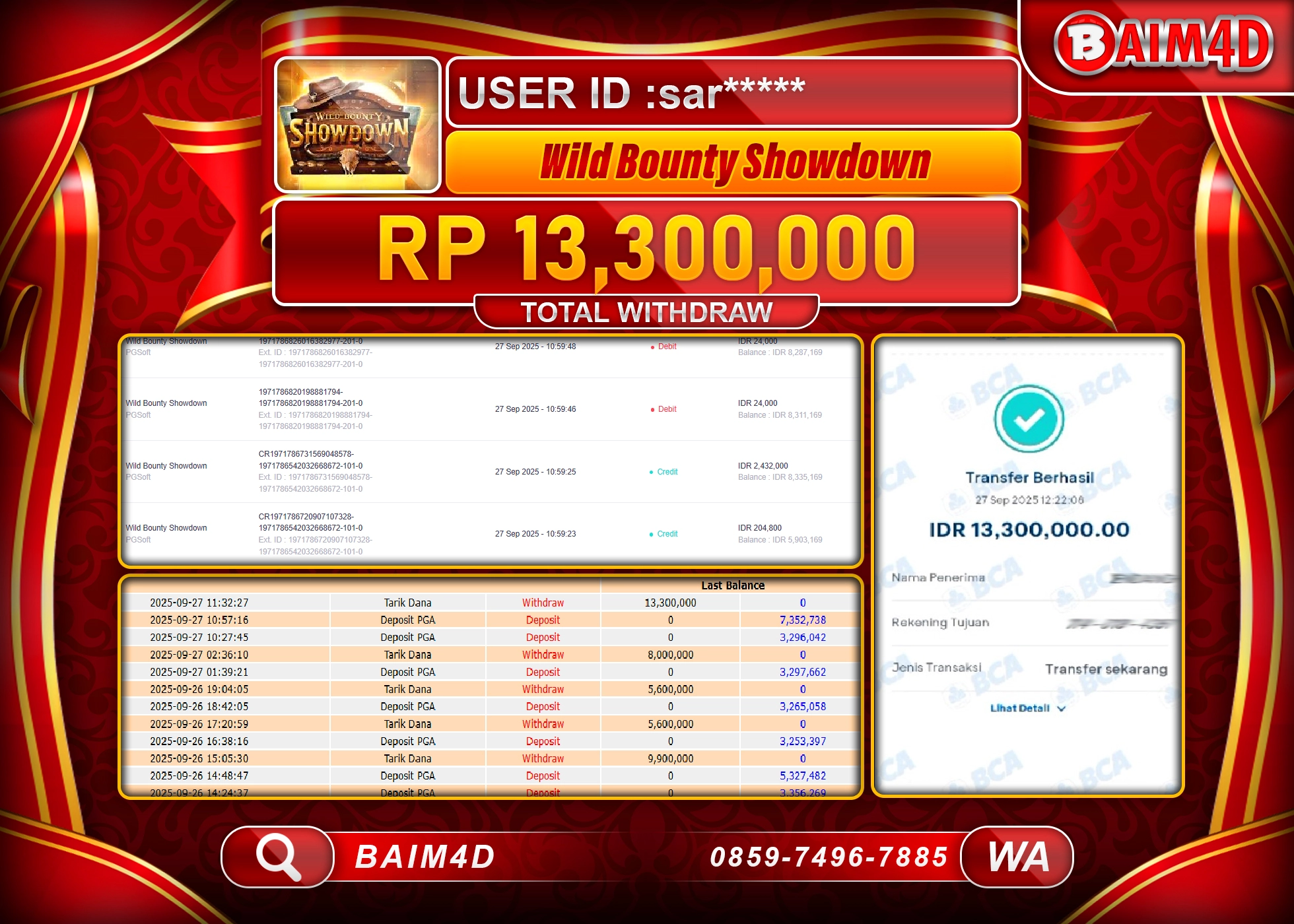 BAIM4D JACKPOT SLOT WILD BOUNTY SHOWDOWN Rp.13,300,000.- LUNAS