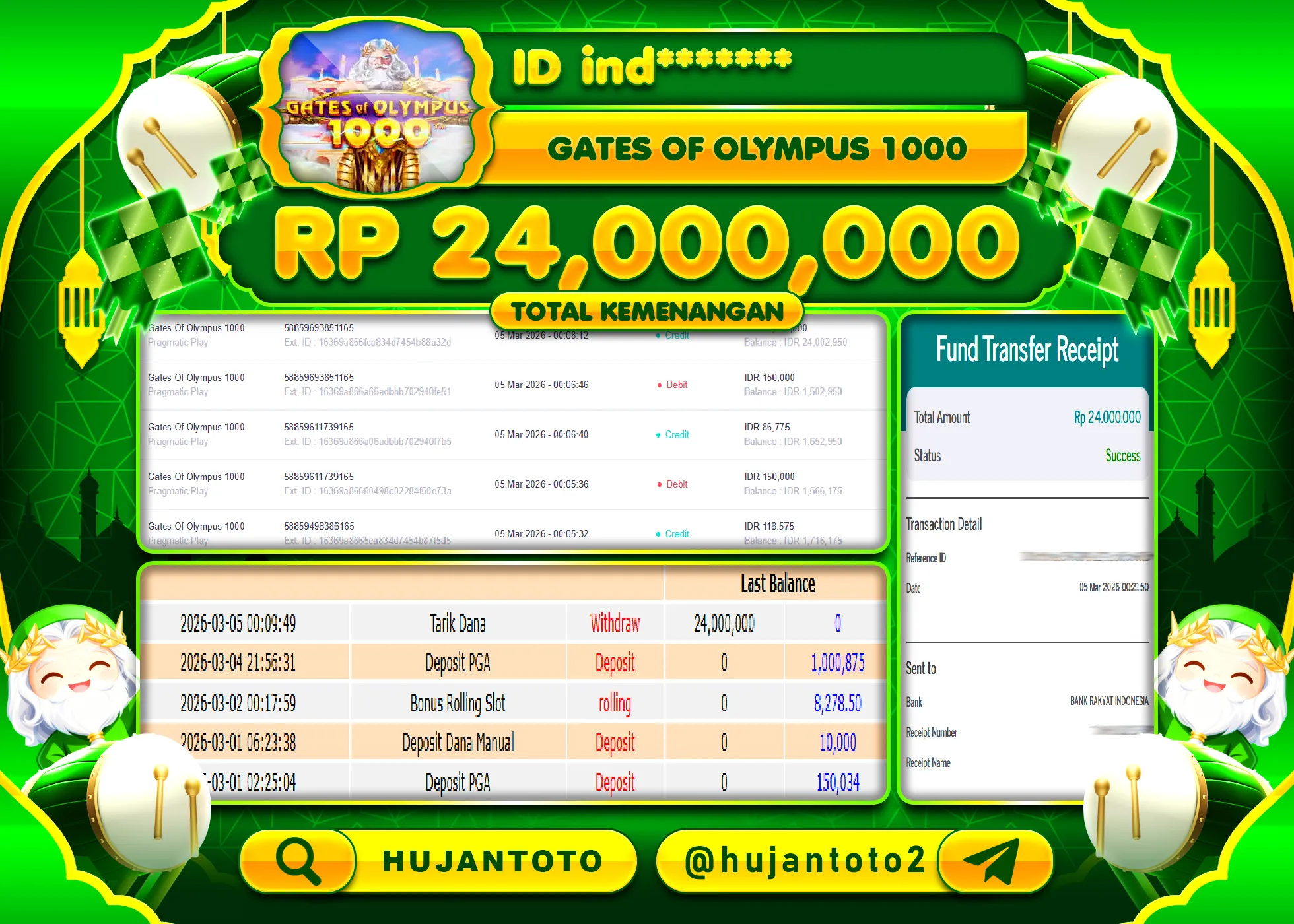 HUJANTOTO - BUKTI JACKPOT MENANG SLOT GATES OF OLYMPUS 1000 Rp.24,000,000 - TERBAYAR LUNAS