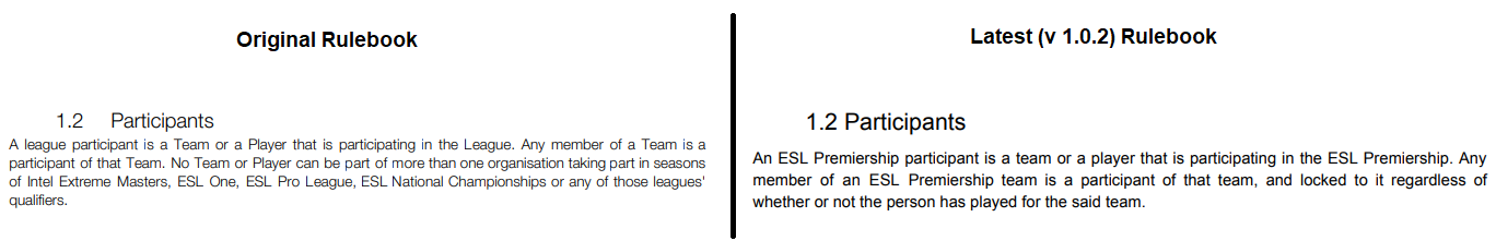 Image of the two ESL Premiership Rulebooks - Rule 1.2 Participants