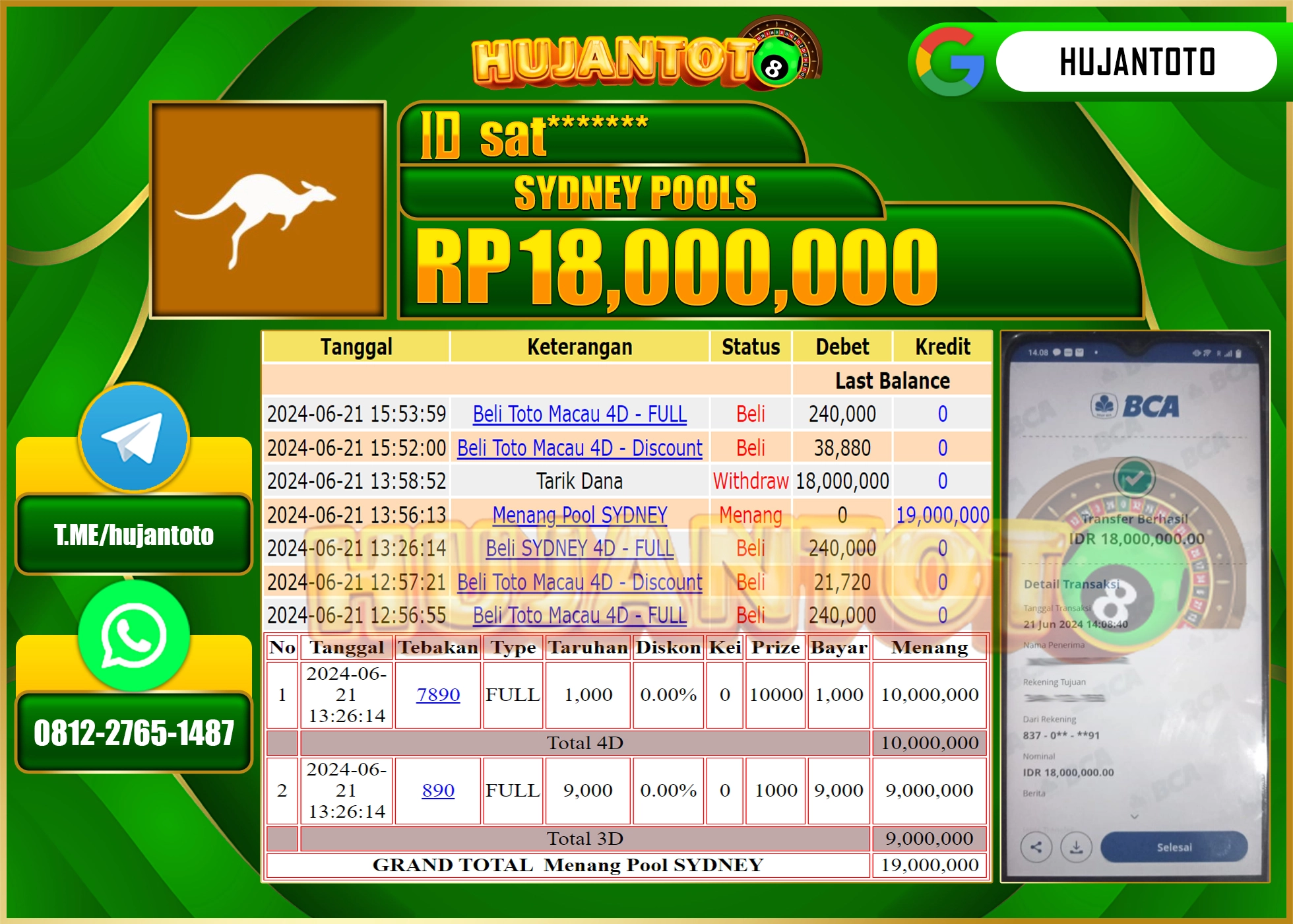 HUJANTOTO MENANG TOGEL SYDNEY 18,000,000 - LUNAS 