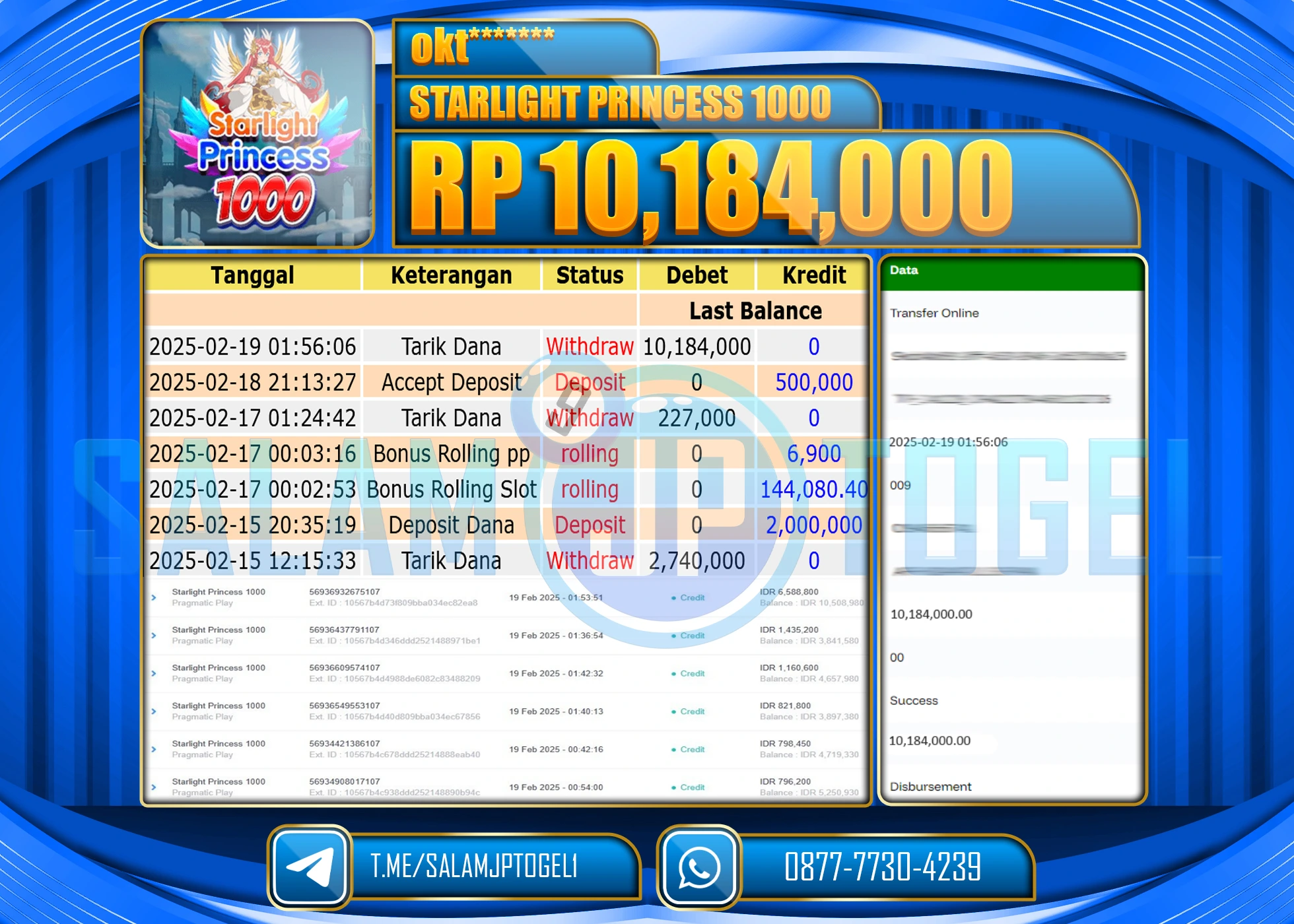 SALAMJPTOGEL MENANG STARLIGHT PRINCESS 1000 Rp. 10,184,000 LUNAS