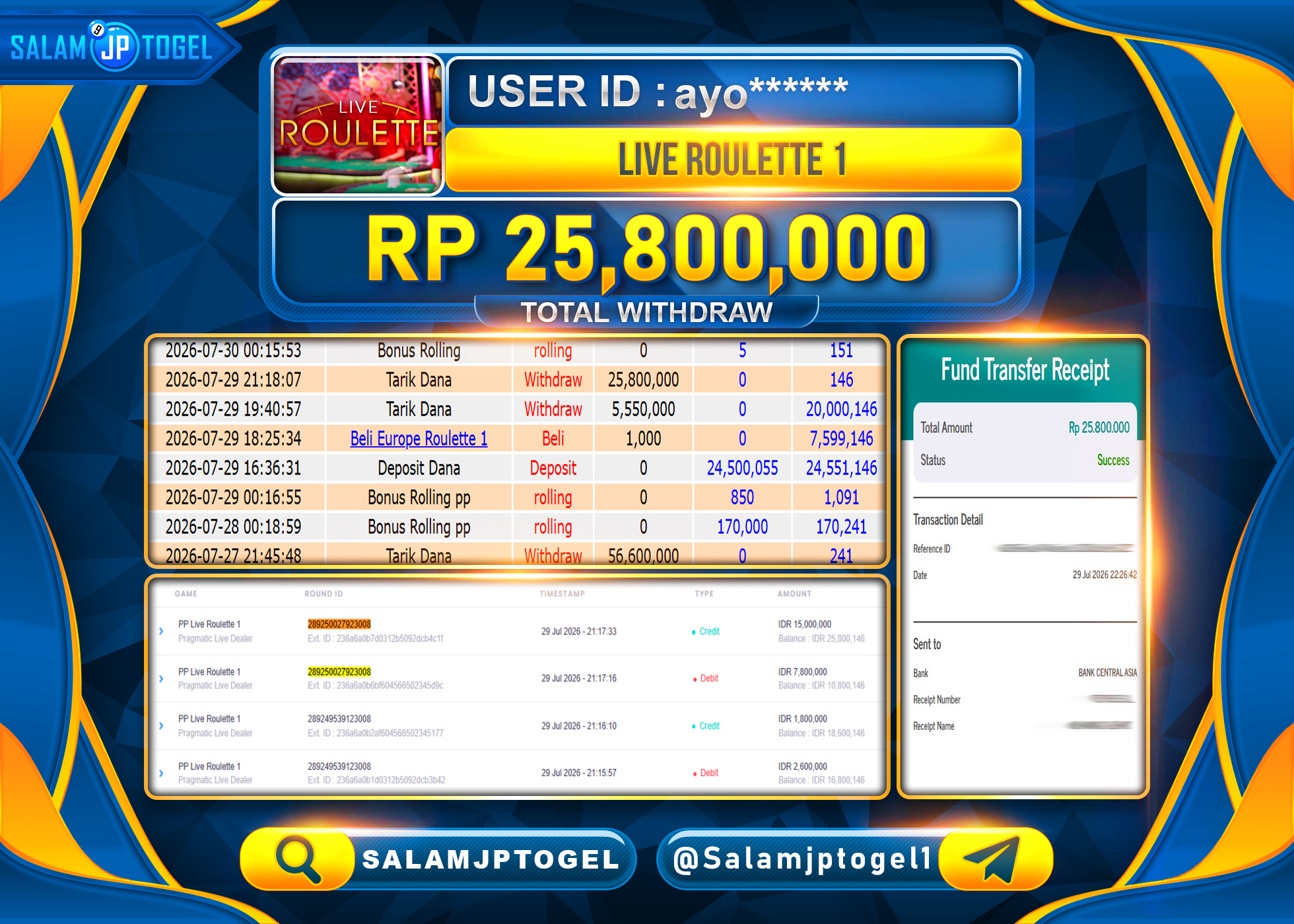 SALAMJPTOGEL JACKPOT MENANG LIVE GAMES - PP LIVE ROULATTE 1 Rp.25,800,000 - LUNAS